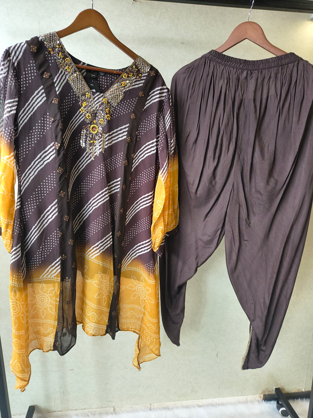 Premium Charcoal & Mustard Bandhani Print Kaftan Kurta with Dhoti Pants Set