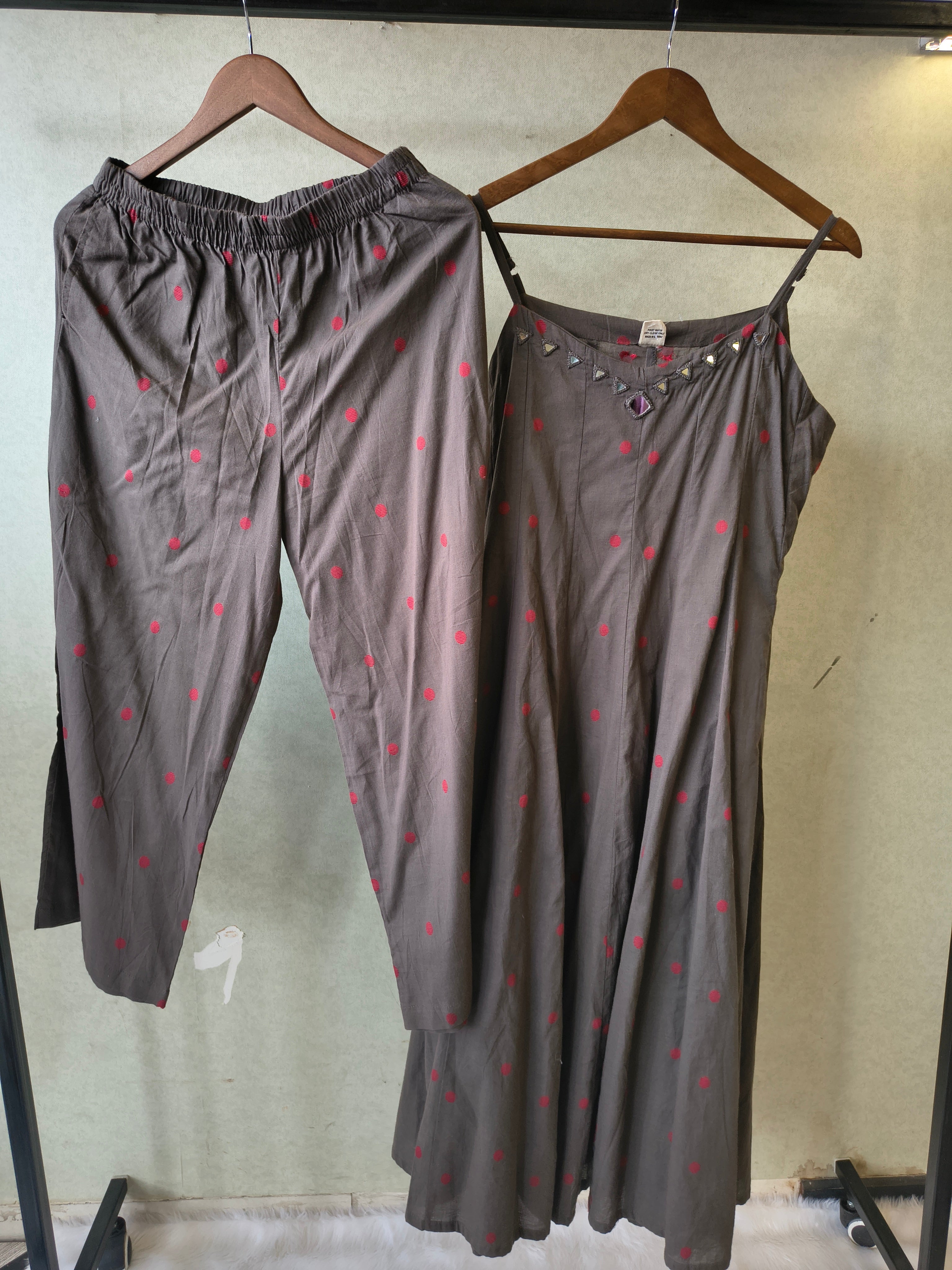 Image of Premium Charcoal Grey Polka Dot Cotton Sleeveless A-Line Kurta & Pant Co-Ord Set