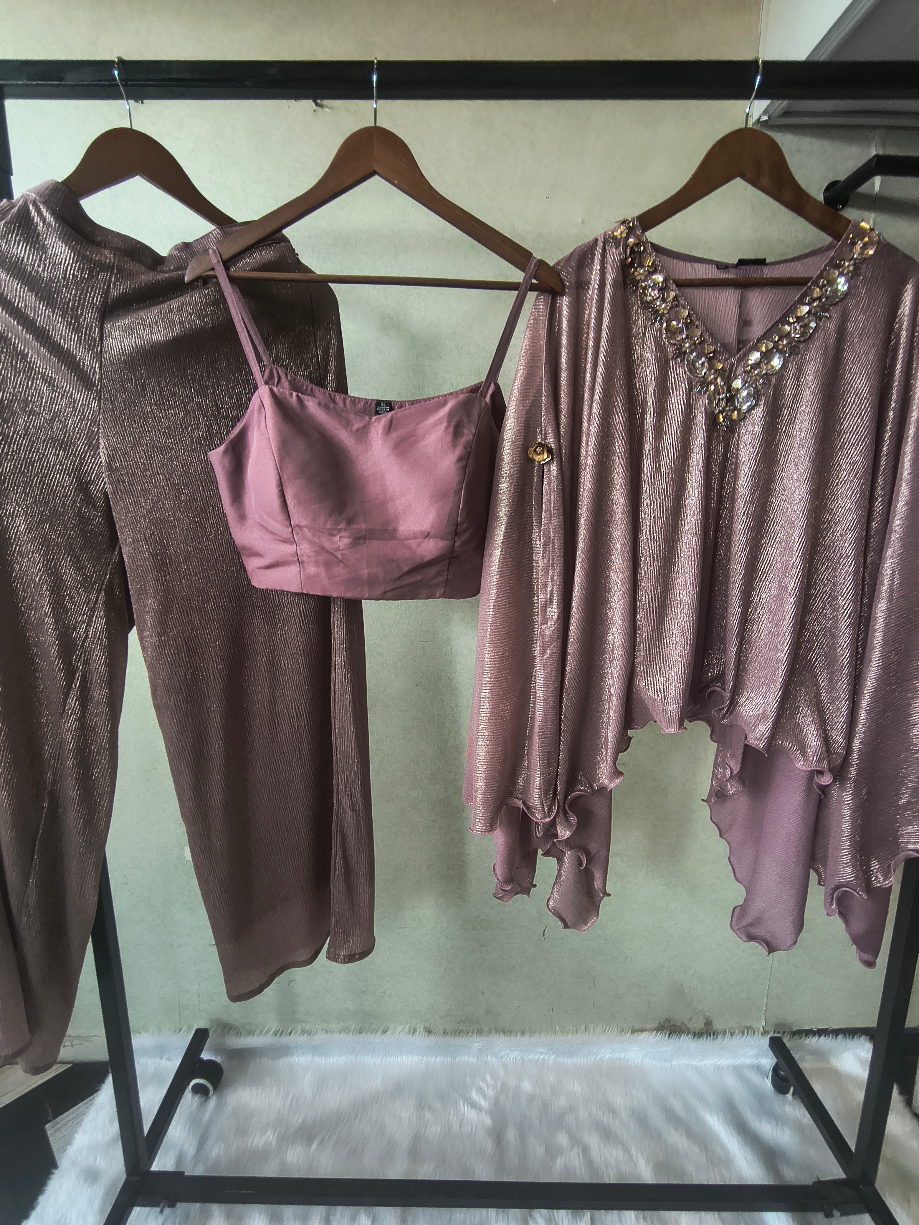 Image of Premium Rose Gold Shimmer Kaftan Co-Ord Set with Hand Embellished Cape & Straight Pants
