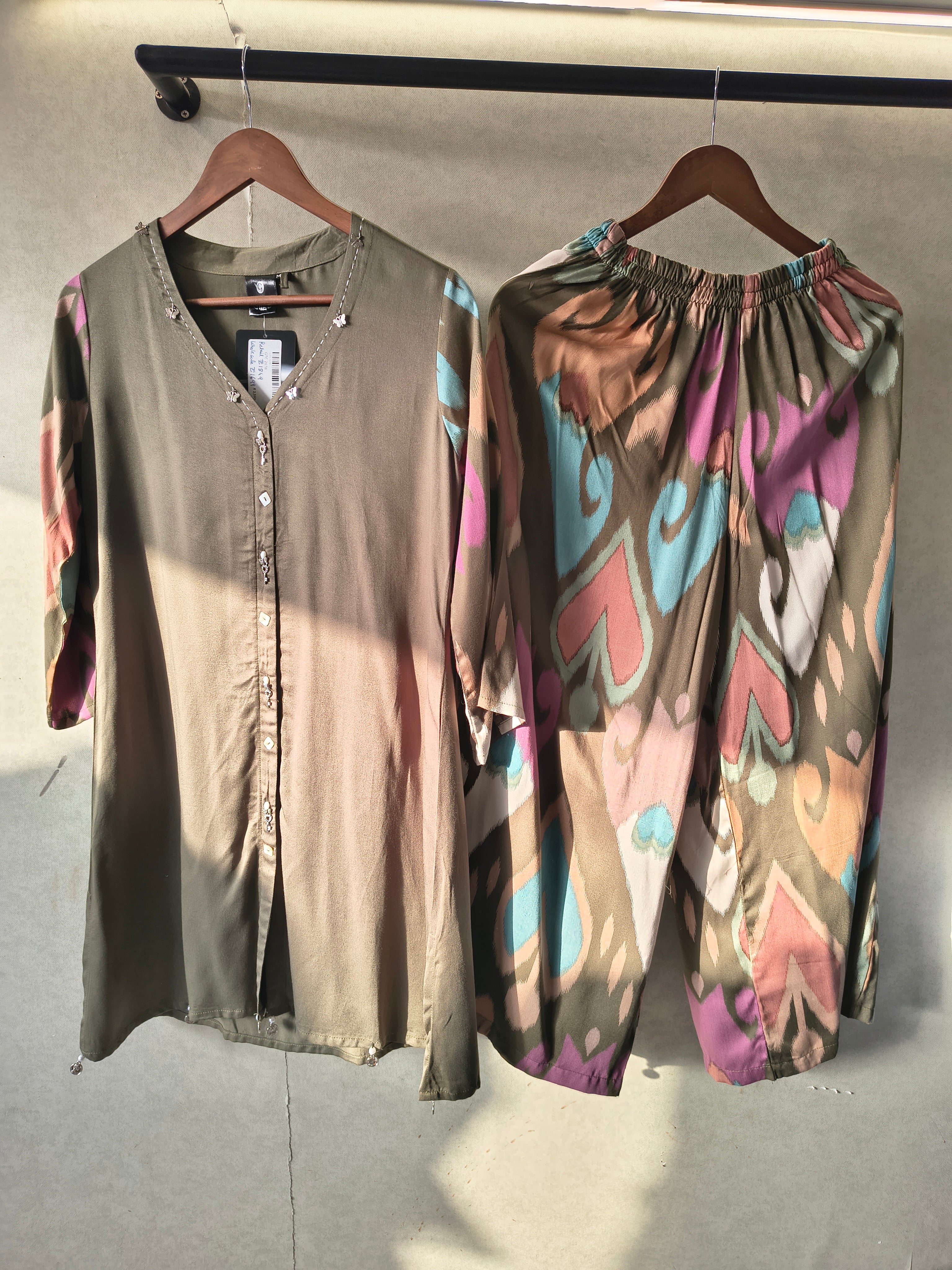 Image of Olive Green Designer Co-Ord Set with Abstract Printed Pants & Embellished Neckline