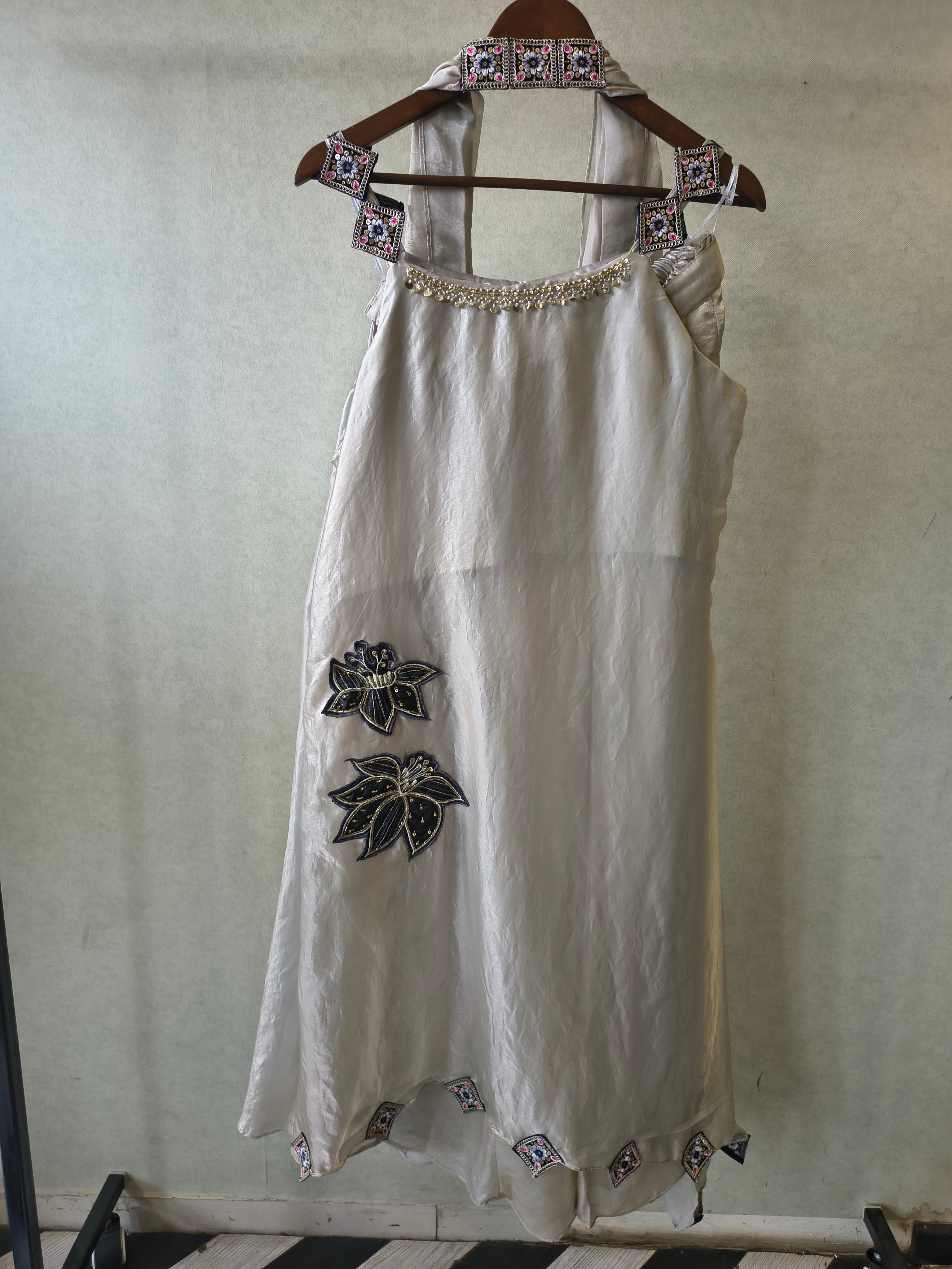Image of Ivory Designer A-Line Dress with Handcrafted Floral Appliqué & Embellished Scarf
