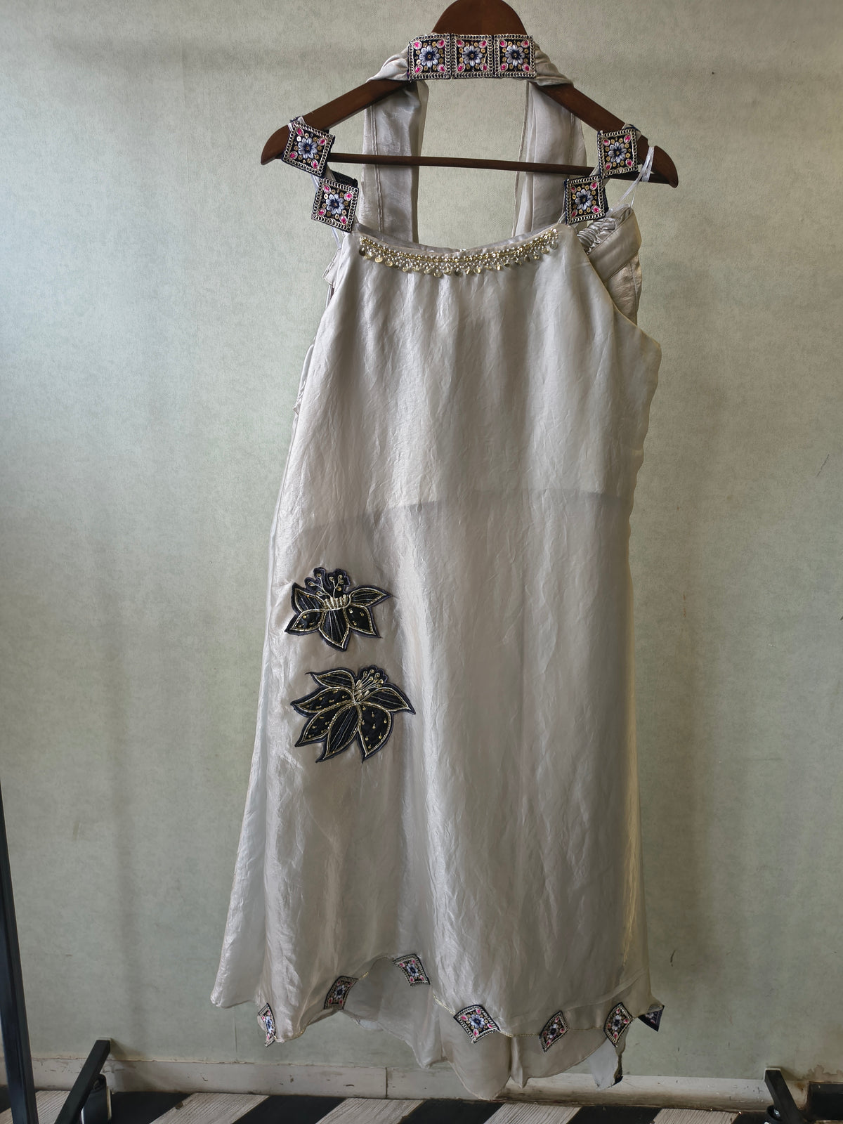 Ivory Designer A-Line Dress with Handcrafted Floral Appliqué & Embellished Scarf