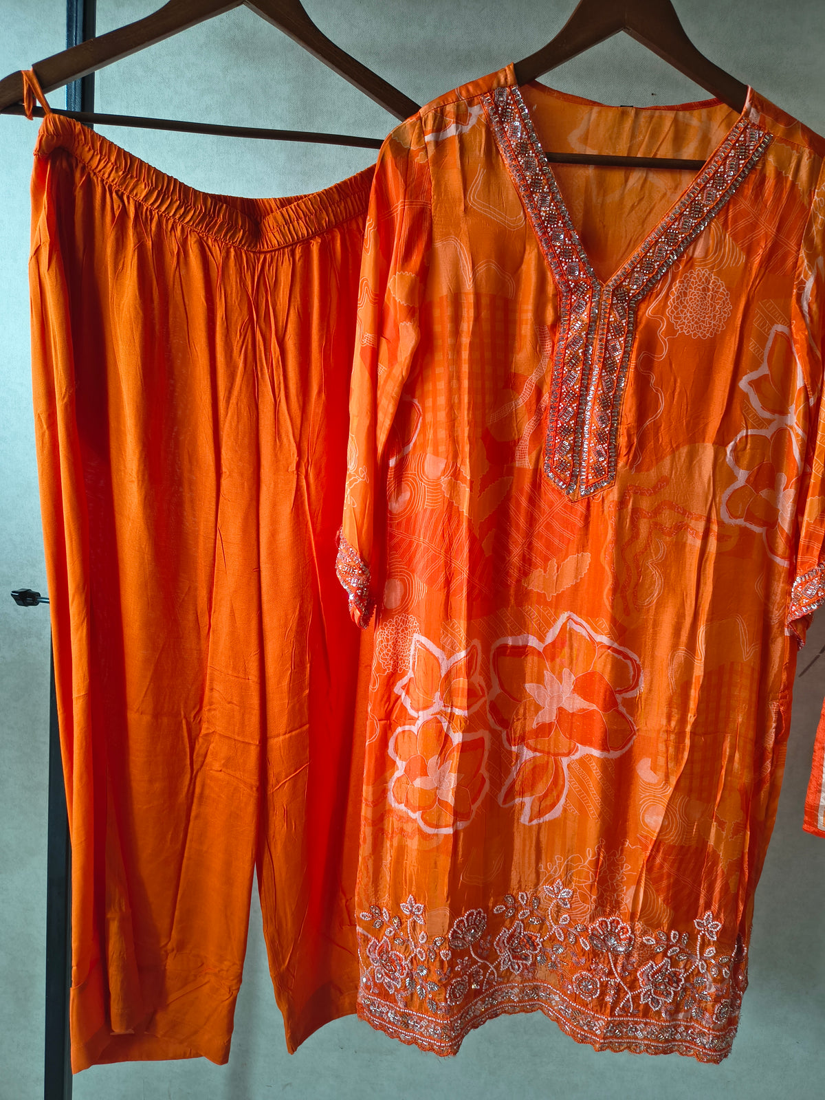 Burnt Orange Printed Silk Blend Kurta Set with Embellished Neckline & Floral Border – Premium 3 Piece Ethnic Ensemble