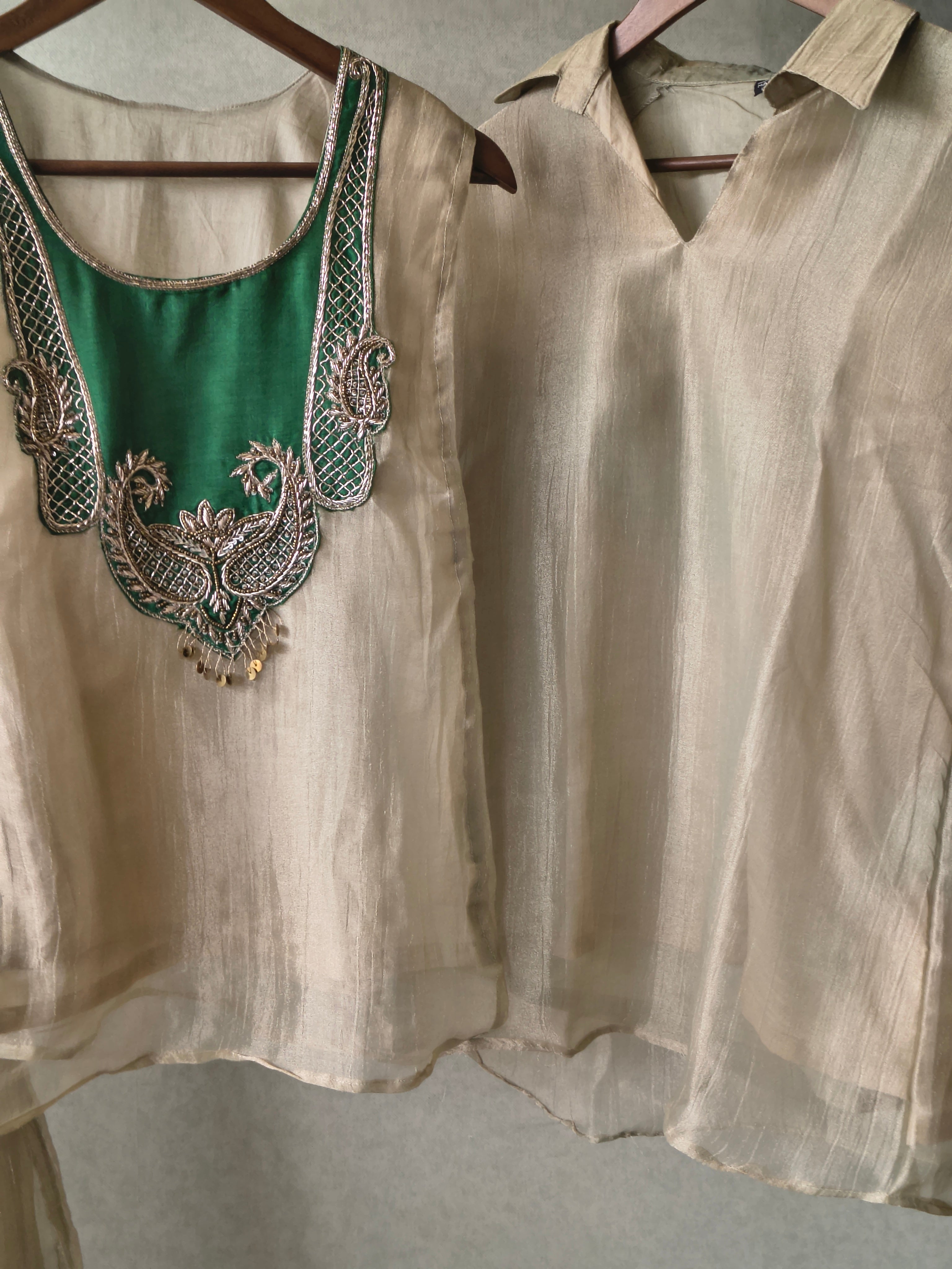 Image of Premium Champagne Gold Tissue Silk 3-Piece Co-Ord Set with Emerald Hand Embellished Jacket, Inner & Palazzo