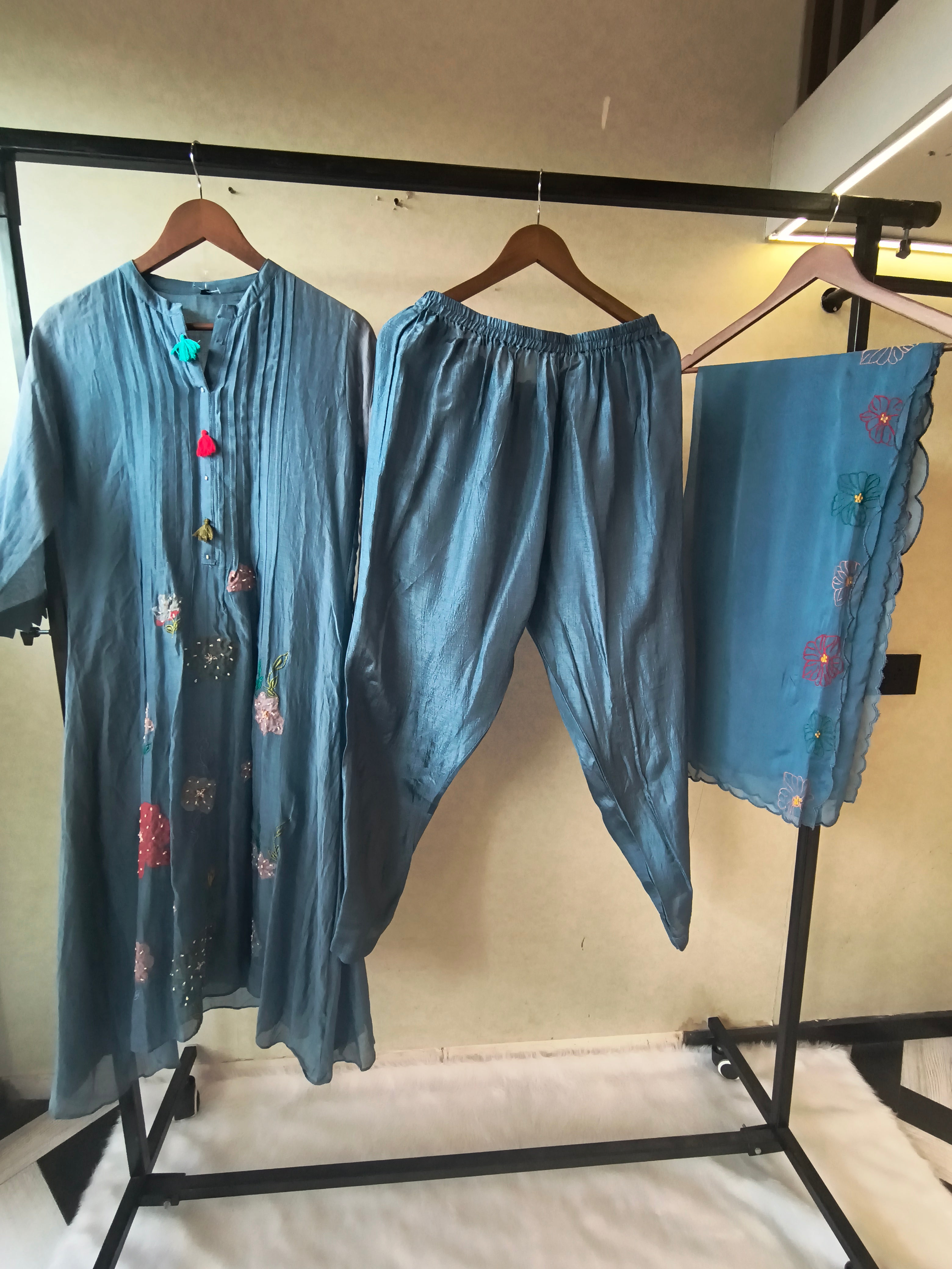 Image of Premium Steel Blue Embroidered Straight Kurta with Dhoti Pants & Embroidered Organza Dupatta Set