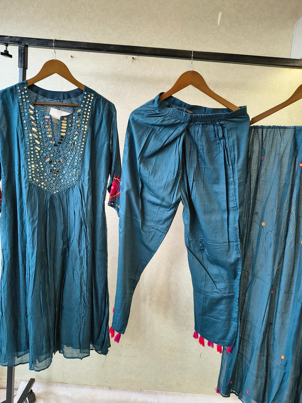 Teal Blue Mirror Work Embroidered Kurta Set with Dupatta | Premium 3 Piece Ethnic Suit