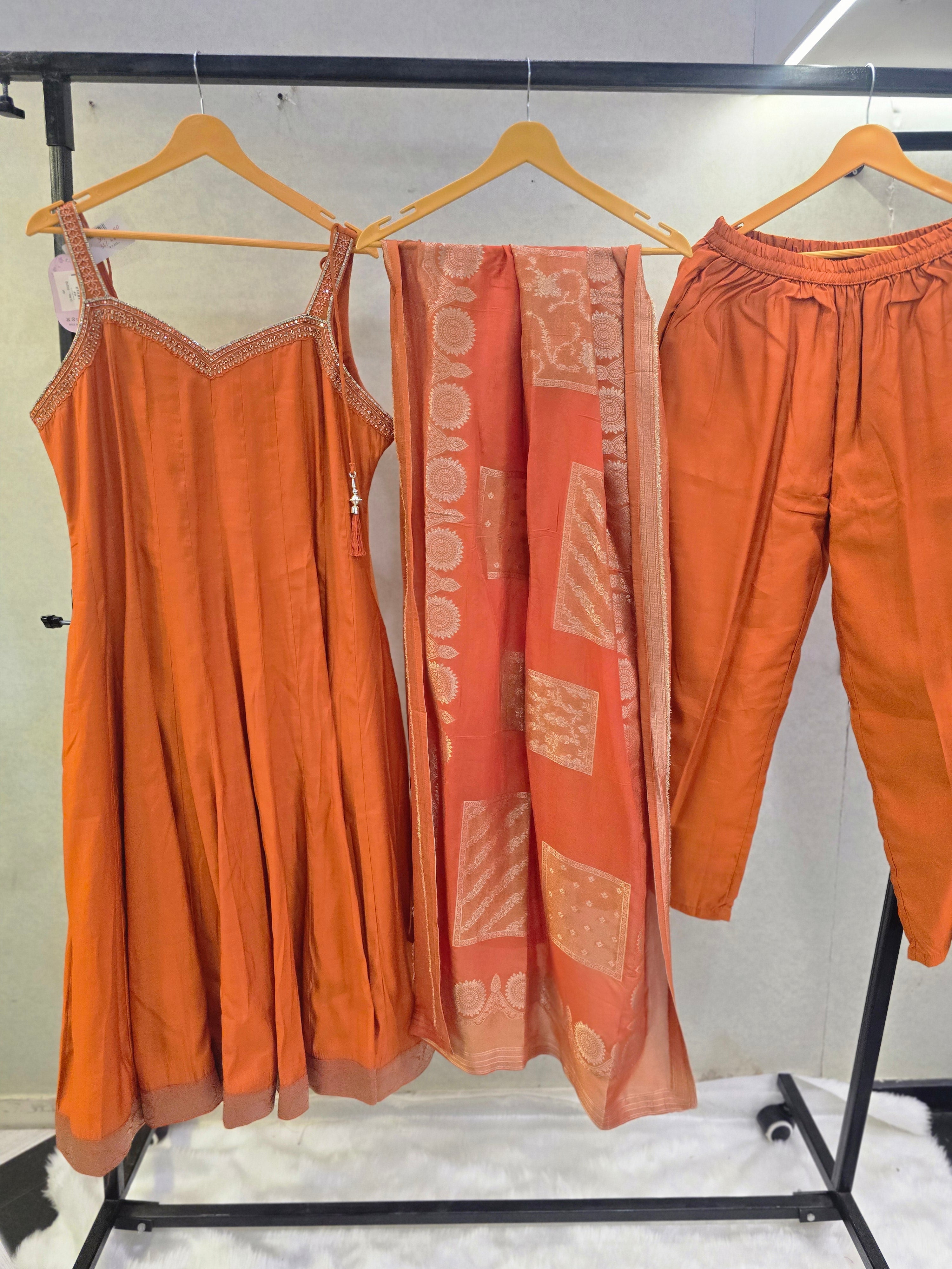 Image of Rust Orange Embellished A-Line Kurta Set with Printed Dupatta | Premium 3 Piece Ethnic Suit