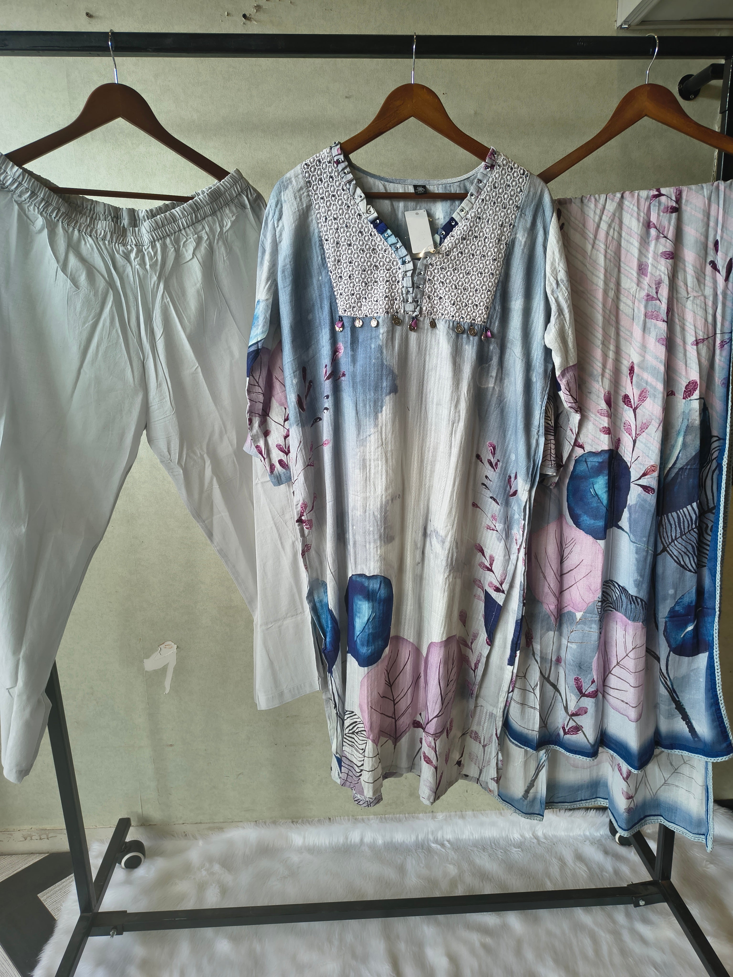Image of Premium Ice Blue Floral Printed Straight Kurta Set with Crochet Yoke, Straight Pants & Designer Dupatta