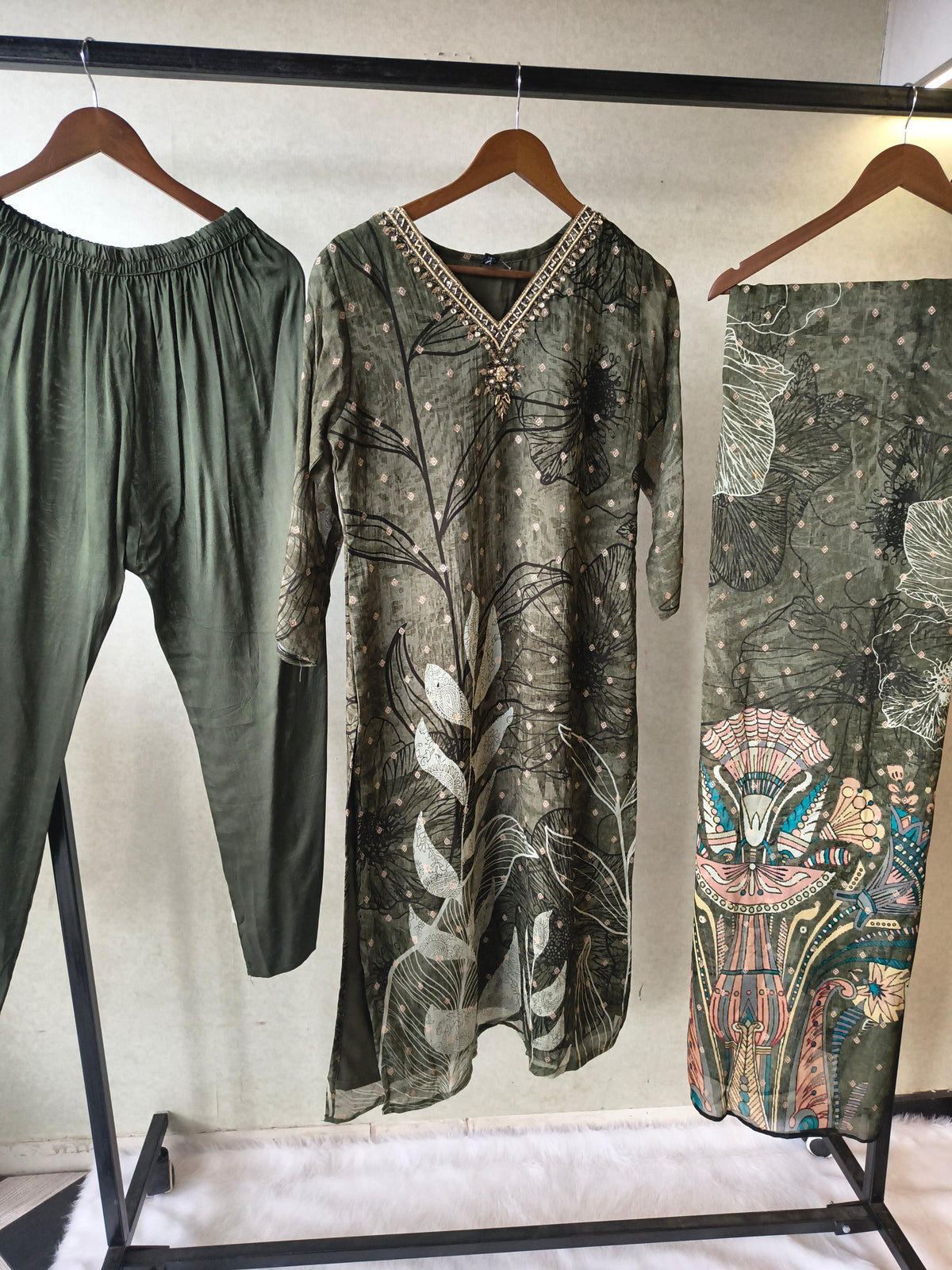 Premium Olive Botanical Print Straight Kurta with Cigarette Pants & Dupatta Set