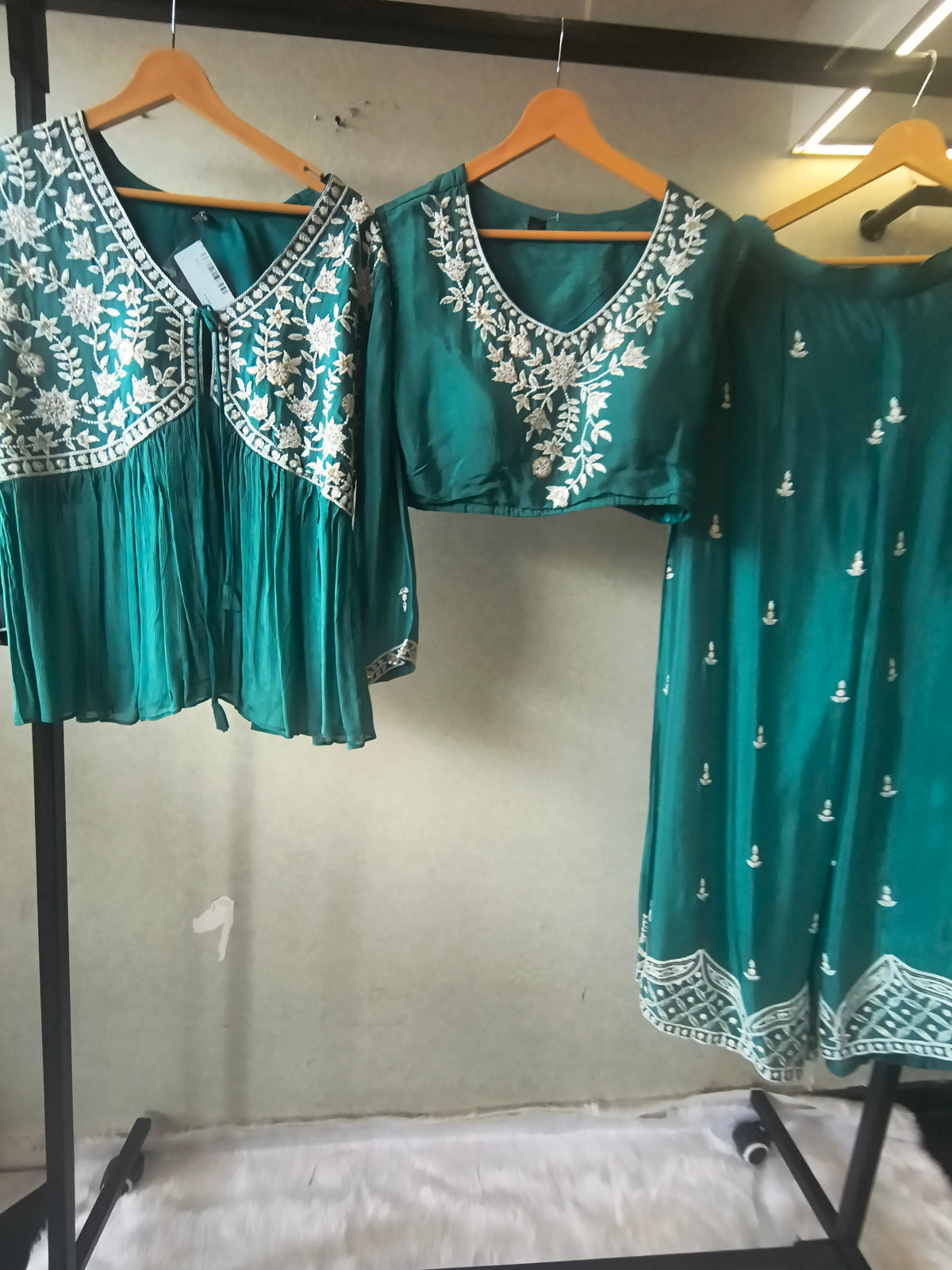 Emerald Green Embroidered Peplum Jacket with Blouse & Flared Palazzo – Designer 3 Piece Indo-Western Set