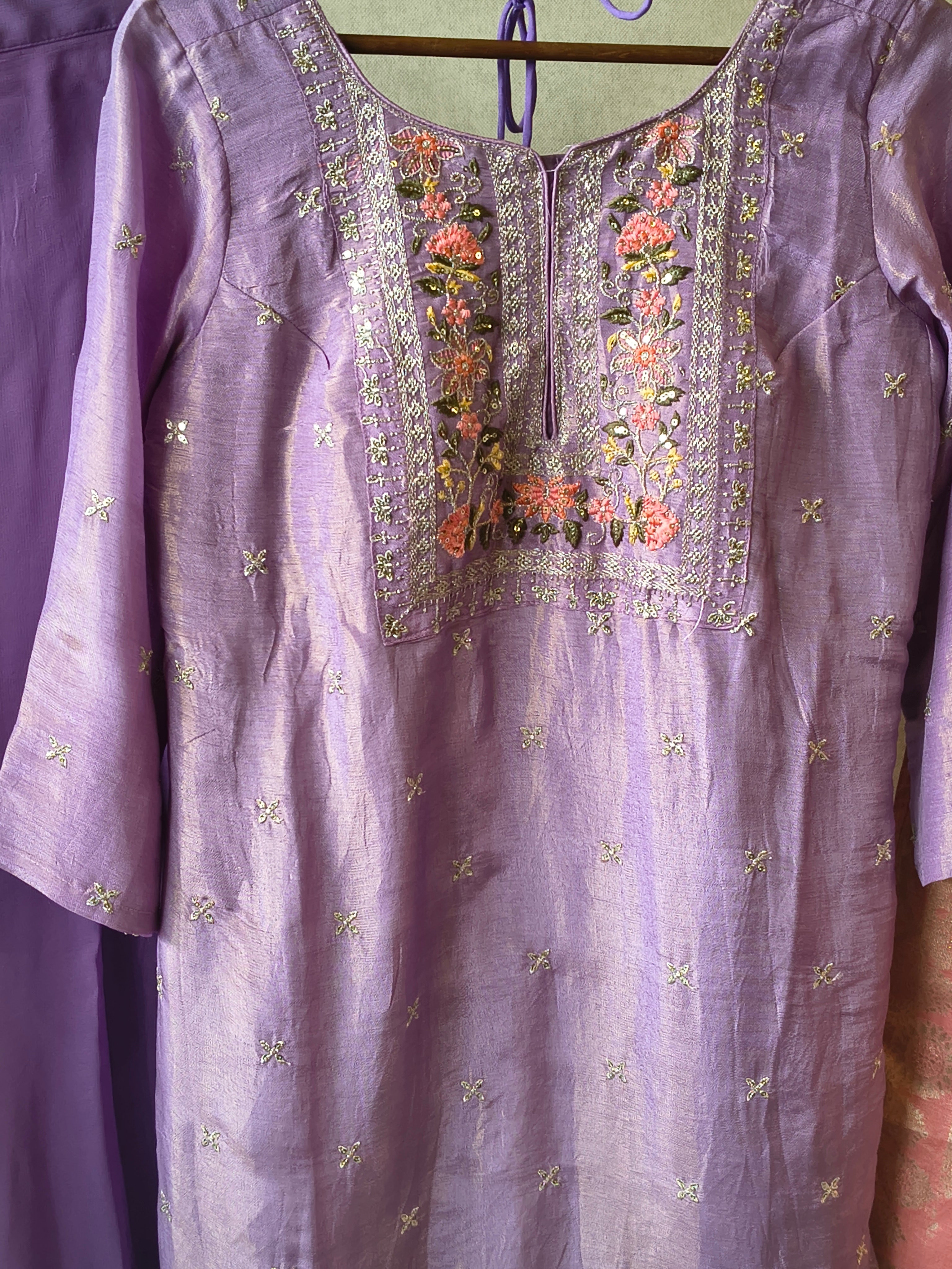 Image of Premium Lavender Embroidered Kurta with Sharara & Banarasi Dupatta Set