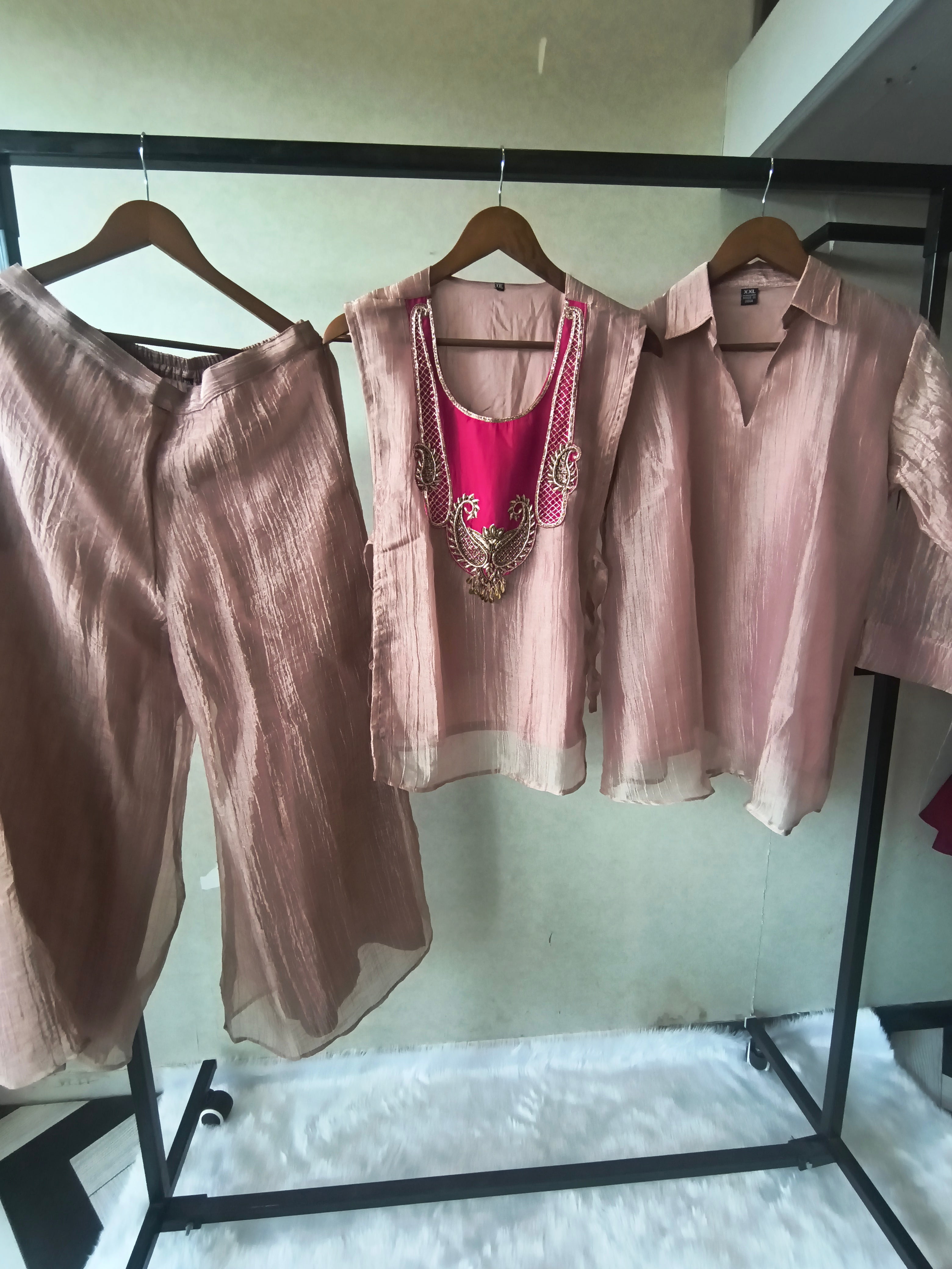 Image of Premium Rose Gold Tissue Silk 3-Piece Co-Ord Set with Hand Embellished Jacket, Inner & Palazzo