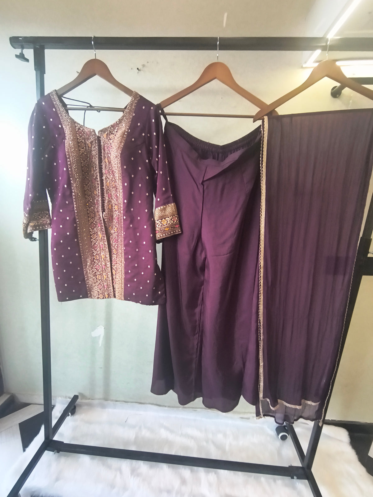 Royal Purple Embroidered Straight Kurta Set with Flared Palazzo & Pleated Dupatta – Designer 3 Piece Festive Ensemble