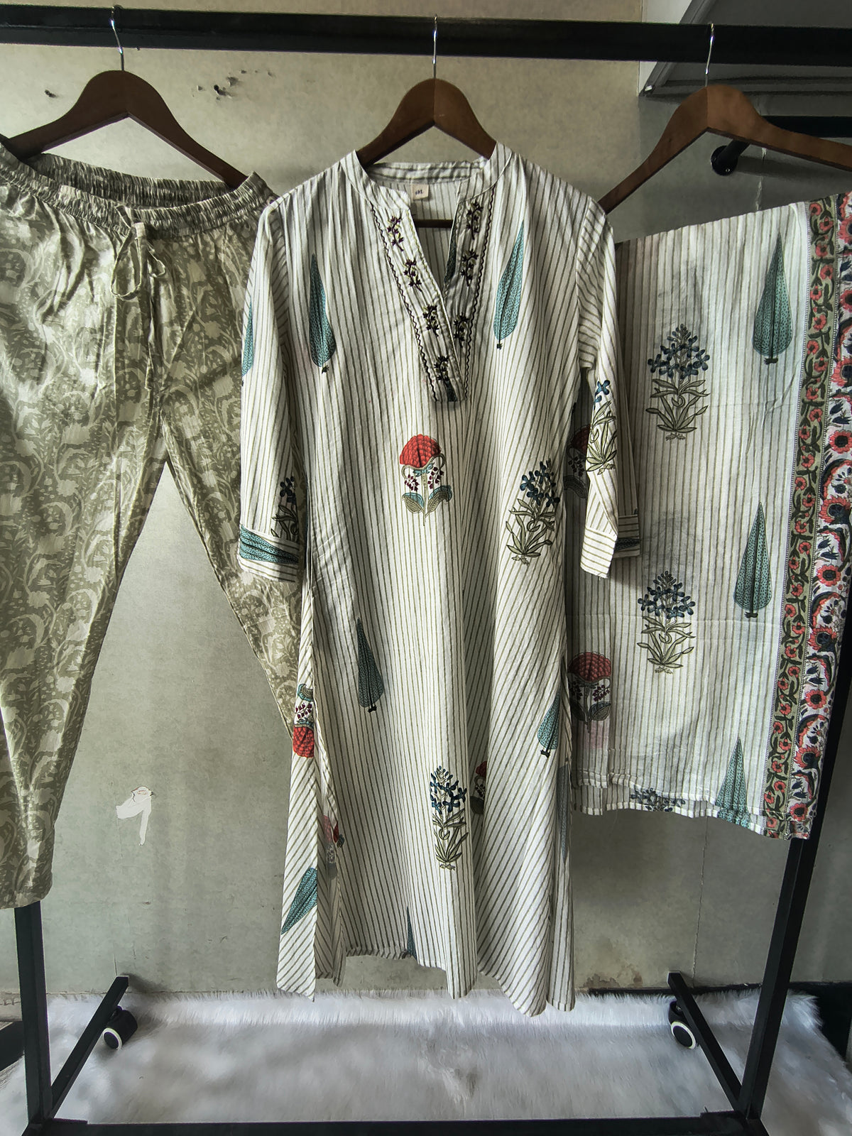 Premium Ivory Handblock Printed Cotton Straight Kurta Set with Printed Pants & Dupatta