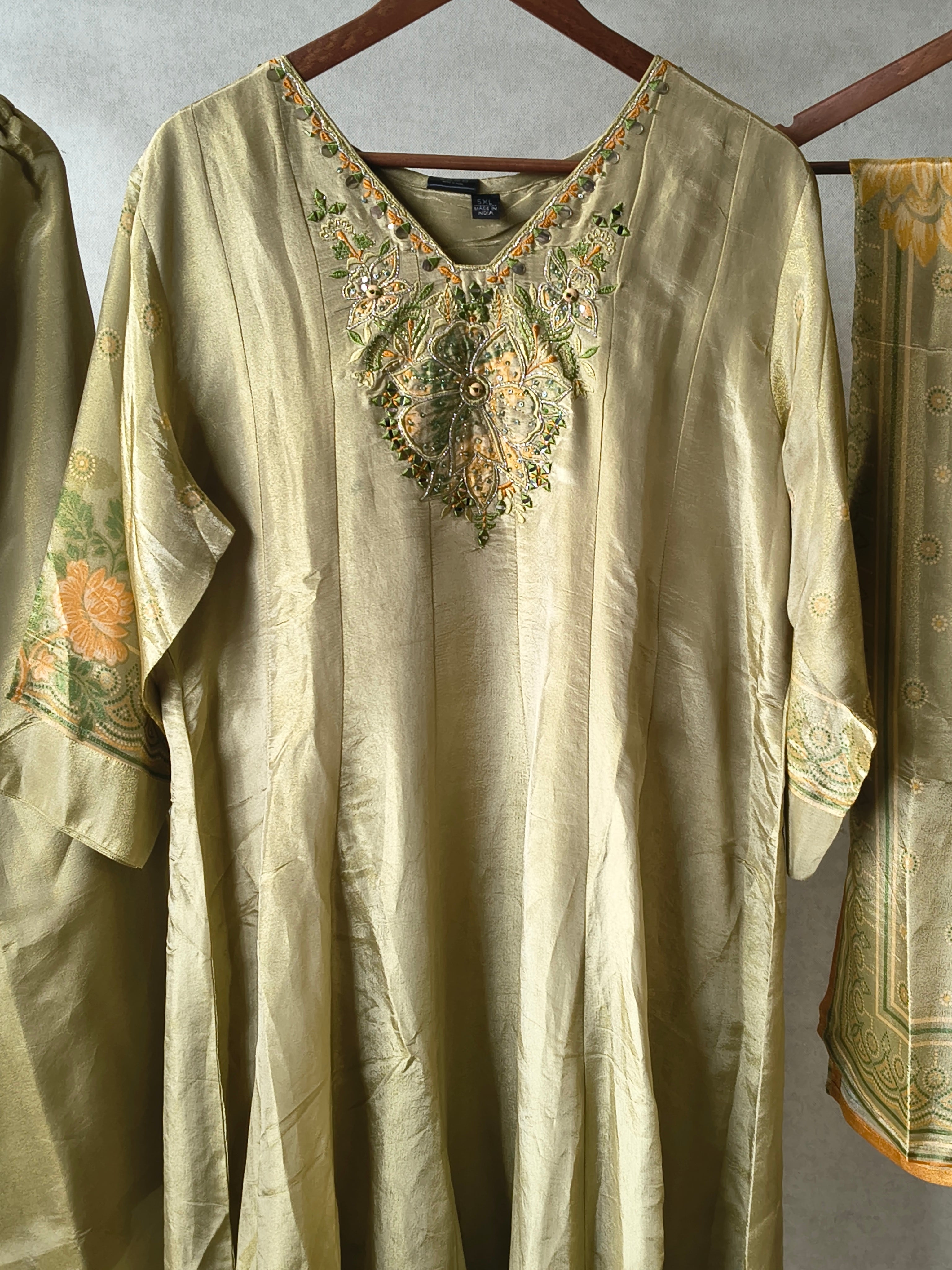 Image of Premium Pistachio Green Embroidered Silk Kurta Set with Printed Dupatta
