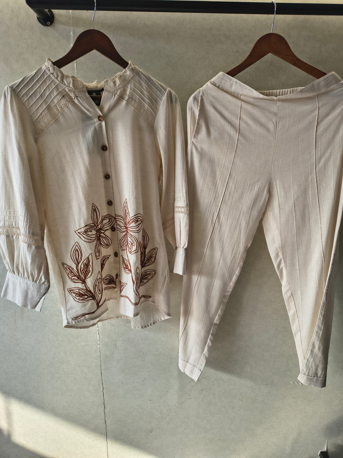 Ivory Botanical Embroidered Pintuck Designer Co-Ord Set