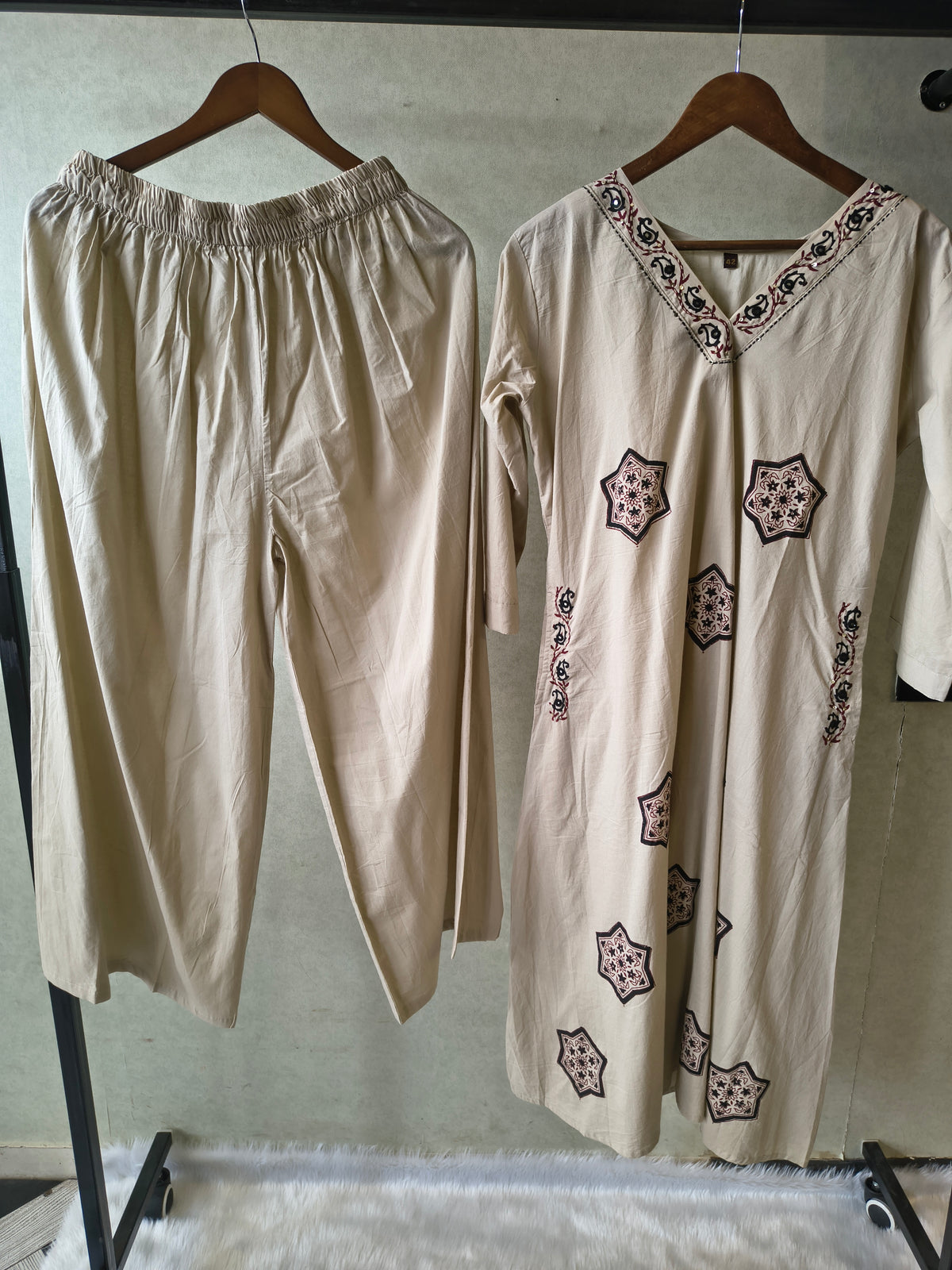 Ivory Hand Block Printed Cotton Kurta Set with Straight Pants