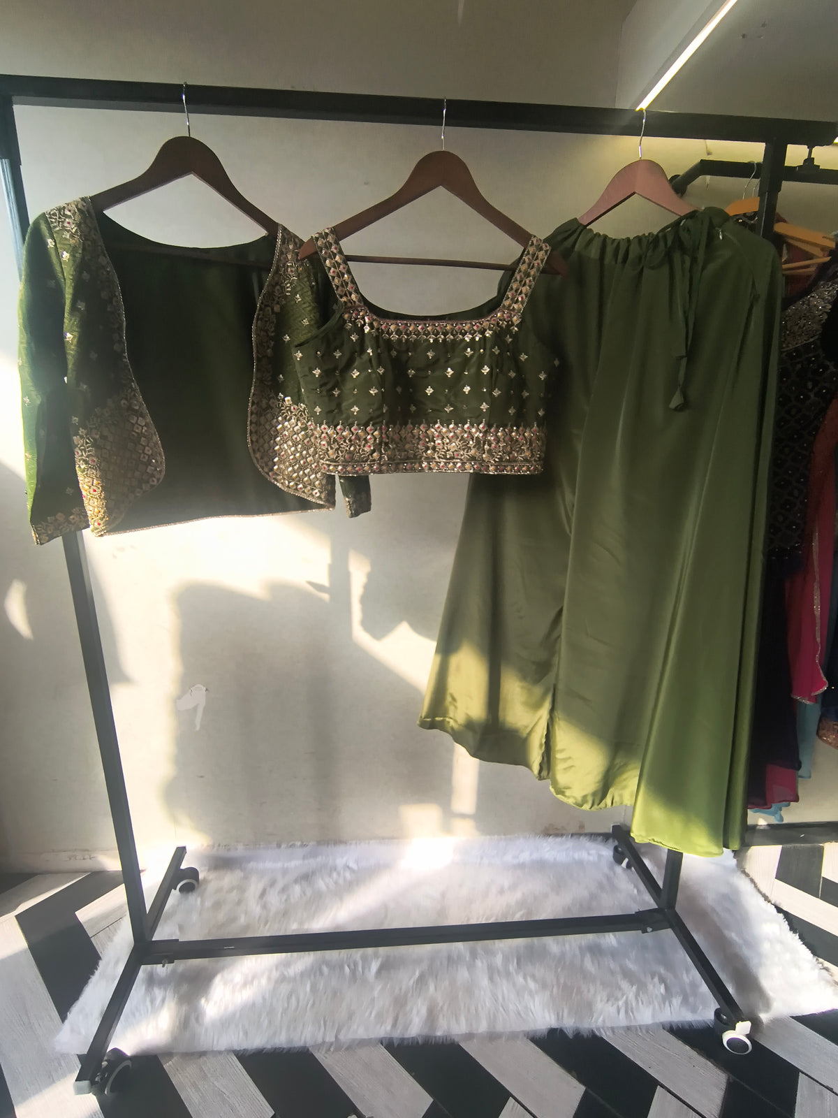 Luxury Olive Green Embellished Blouse with Embroidered Jacket & Flared Palazzo – 3 Piece Designer Indo-Western Set