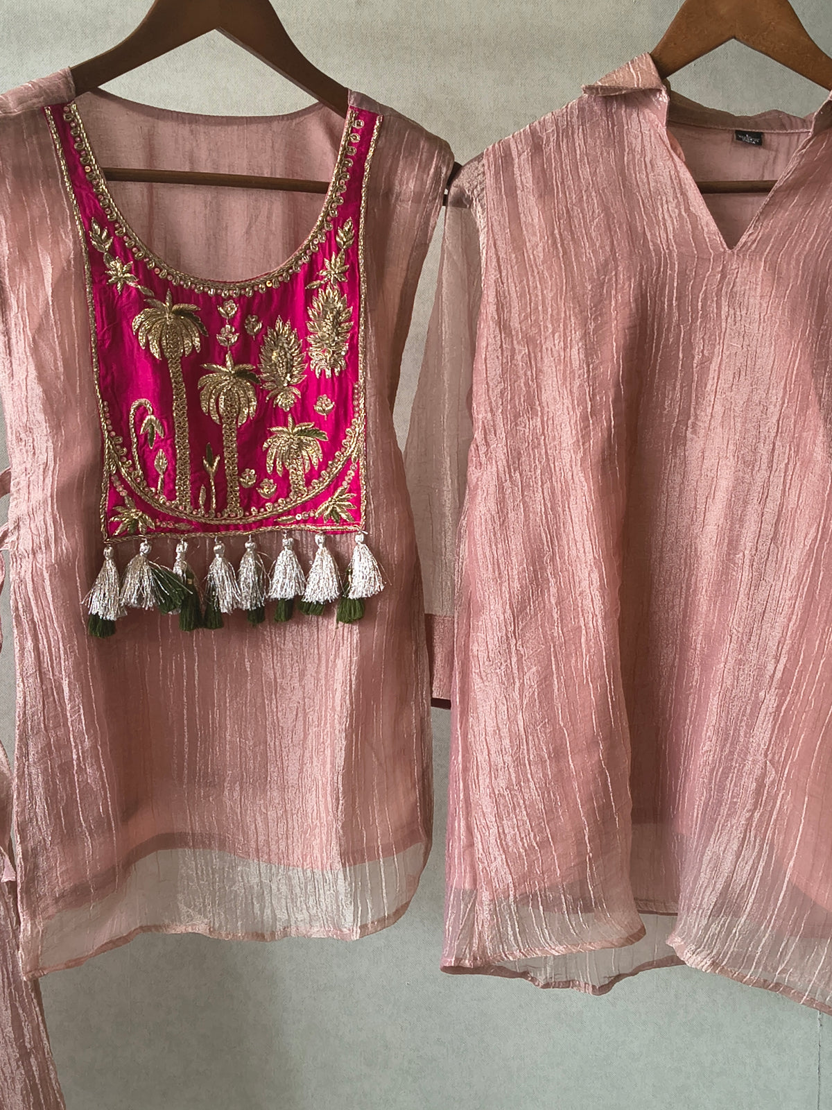 Premium Rose Gold Tissue Silk 3-Piece Co-Ord Set with Hand Embellished Jacket, Inner & Palazzo