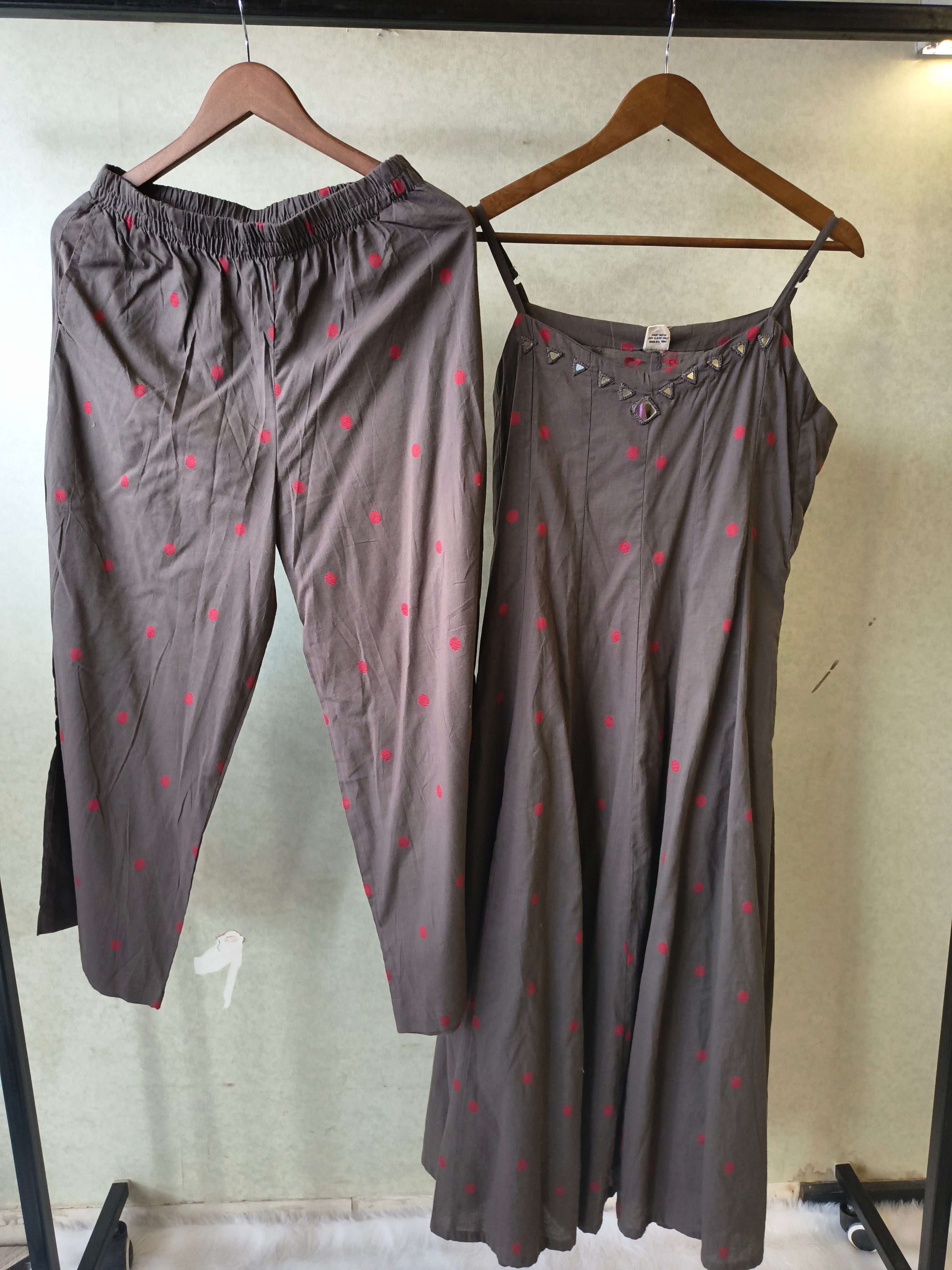 Image of Premium Charcoal Grey Polka Dot Cotton Sleeveless A-Line Kurta & Pant Co-Ord Set