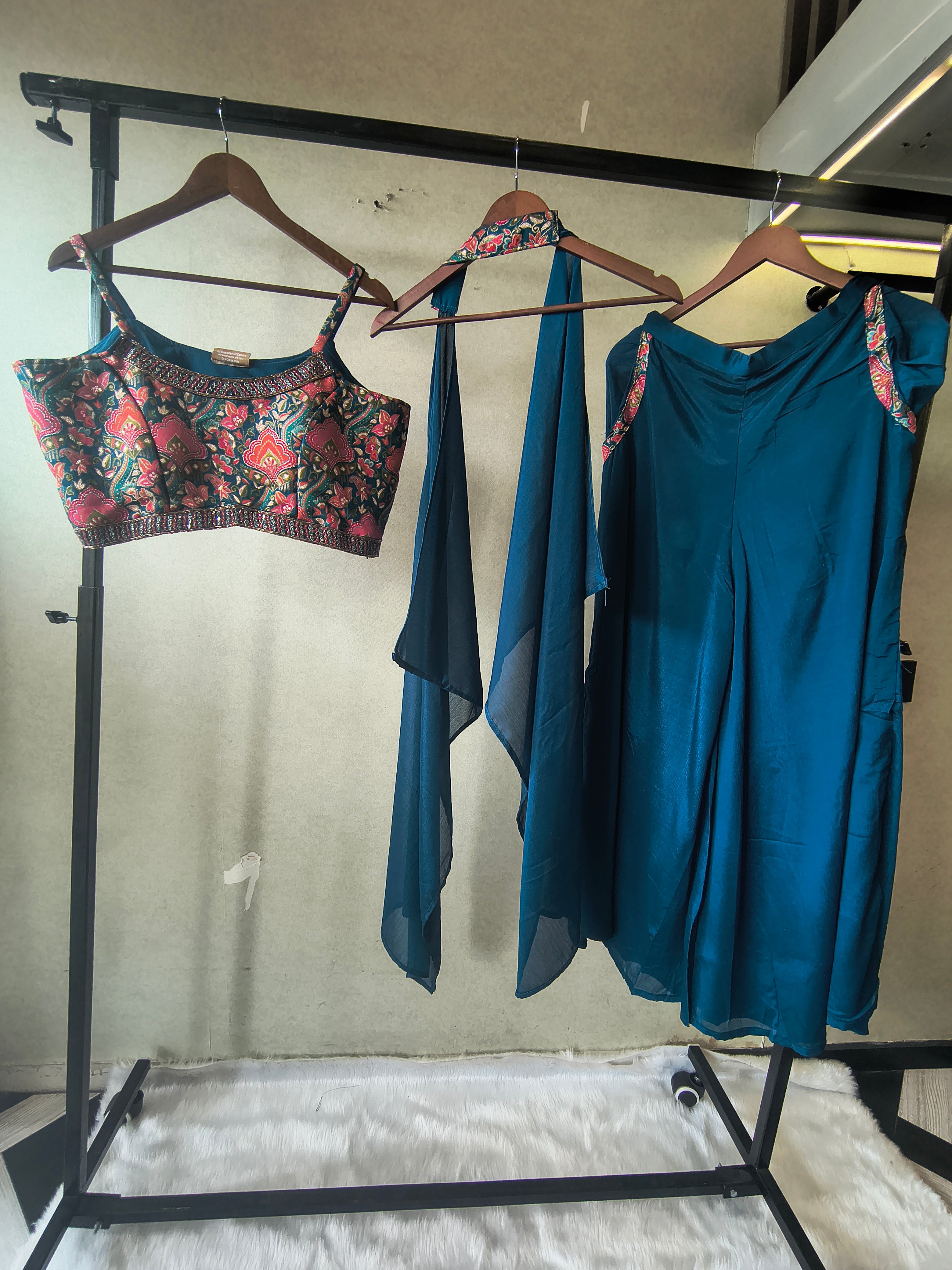 Image of Teal Printed Designer Blouse with Drape Palazzo & Cape – 3 Piece Indo-Western Fusion Party Wear Set
