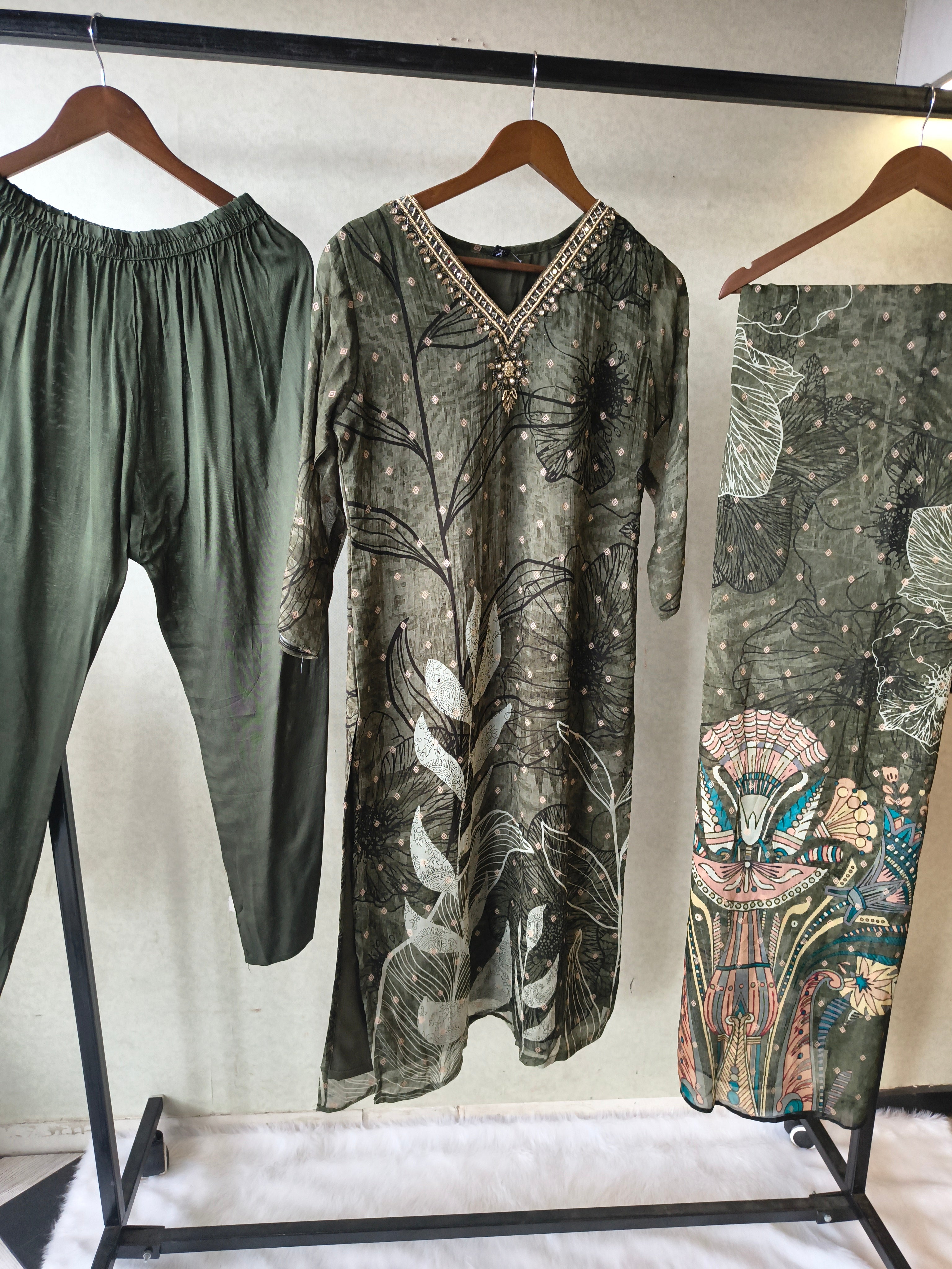 Image of Premium Olive Botanical Print Straight Kurta with Cigarette Pants & Dupatta Set