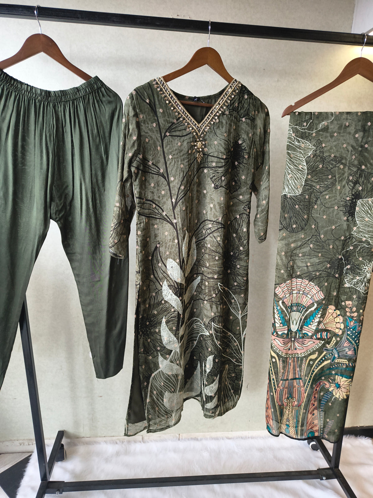 Premium Olive Botanical Print Straight Kurta with Cigarette Pants & Dupatta Set