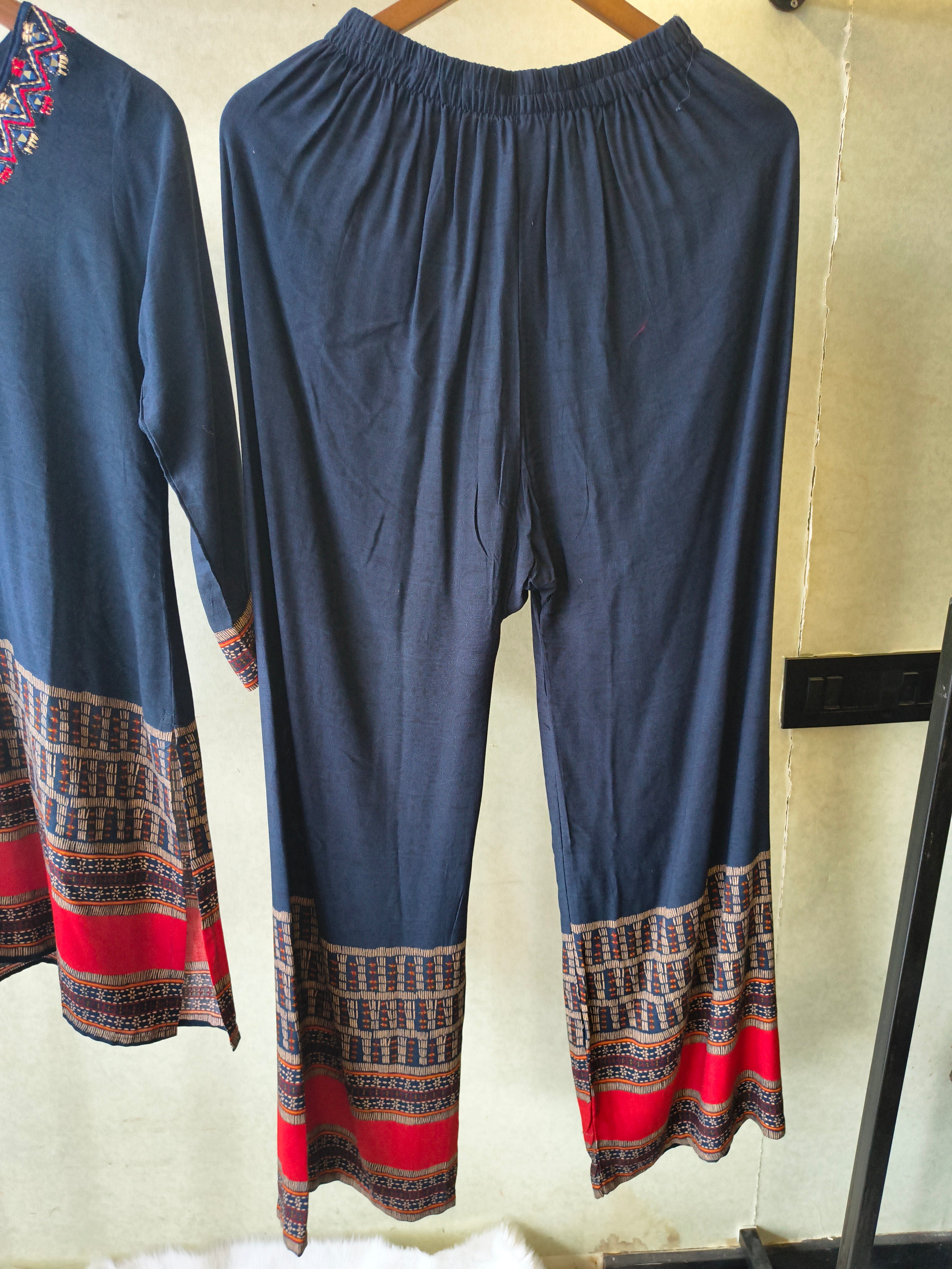 Image of Navy Blue Ethnic Border Designer Co-Ord Set with Embroidered Neckline