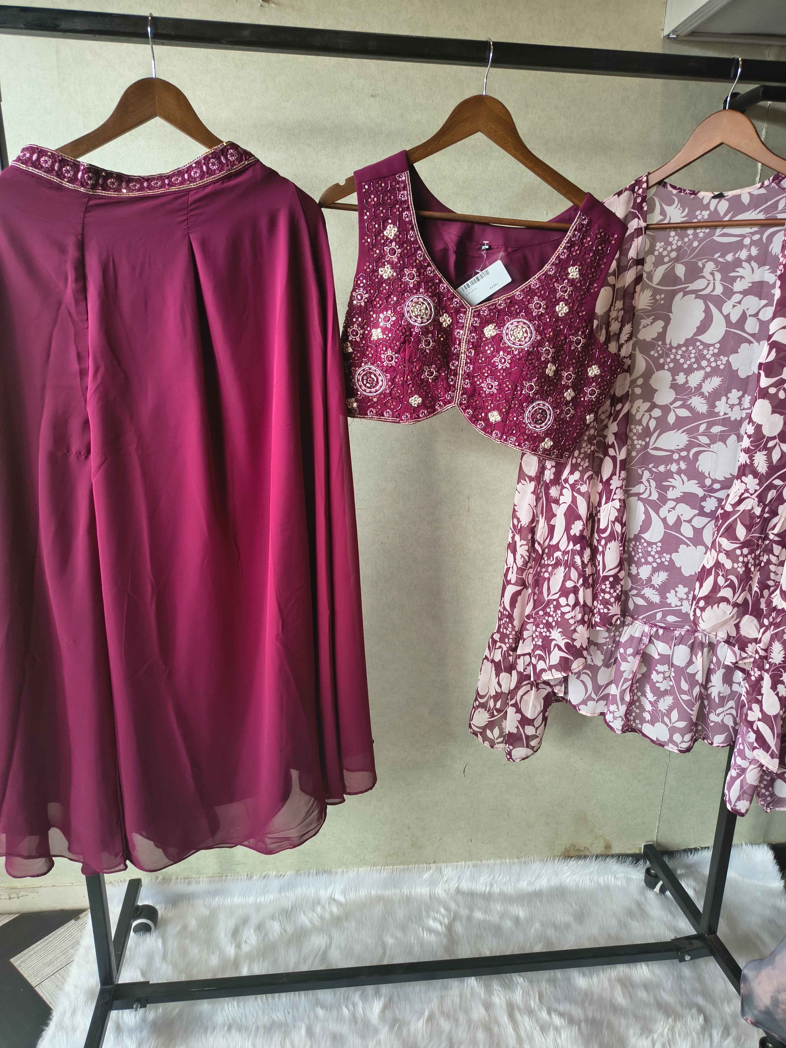 Image of Luxury Wine Embroidered Blouse with Printed Peplum Jacket & Flared Palazzo – 3 Piece Designer Indo-Western Set