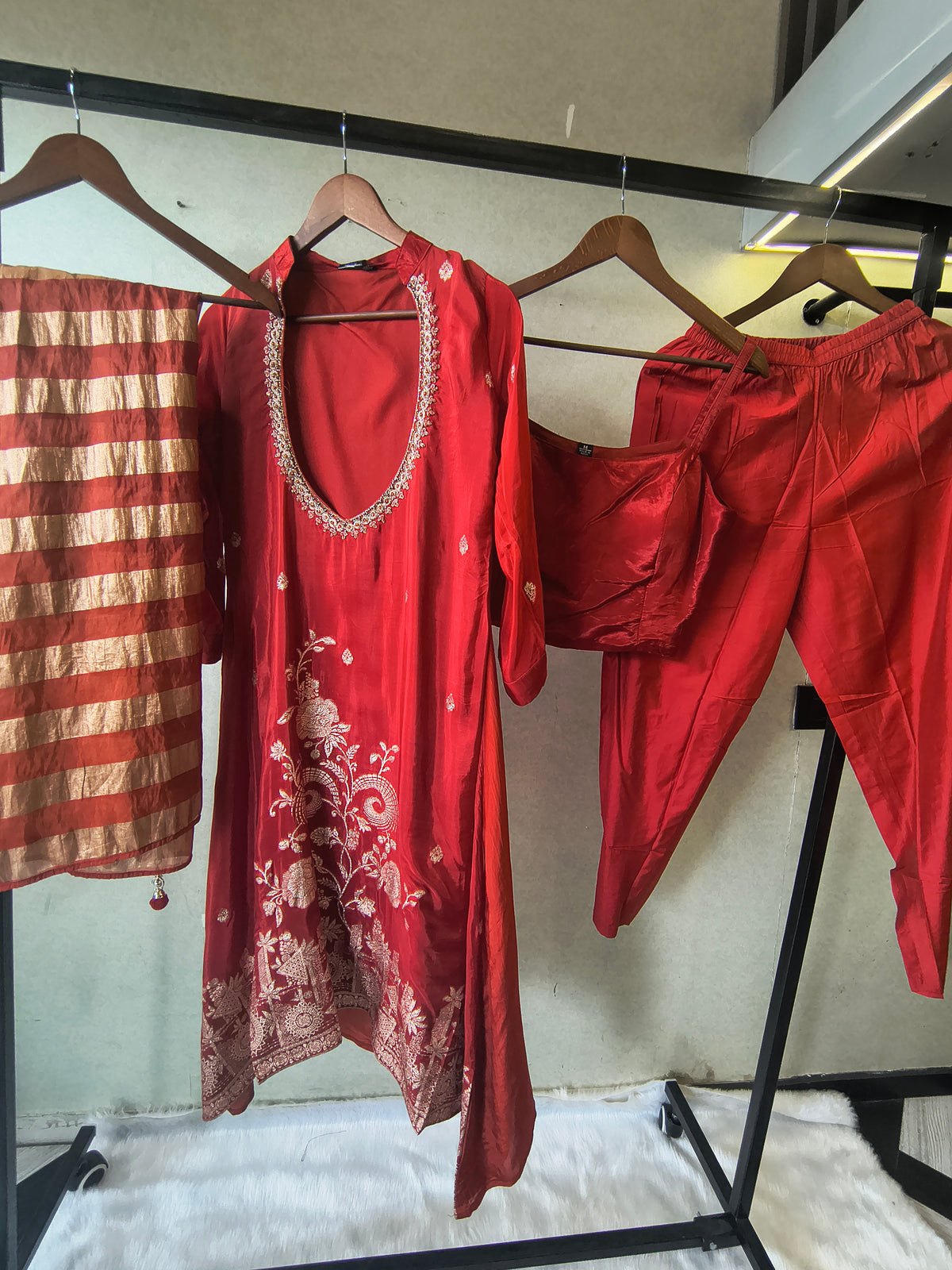 Ruby Red Embroidered Asymmetrical Kurta with Inner, Cigarette Pants & Striped Dupatta – 4 Piece Designer Indo-Western Set