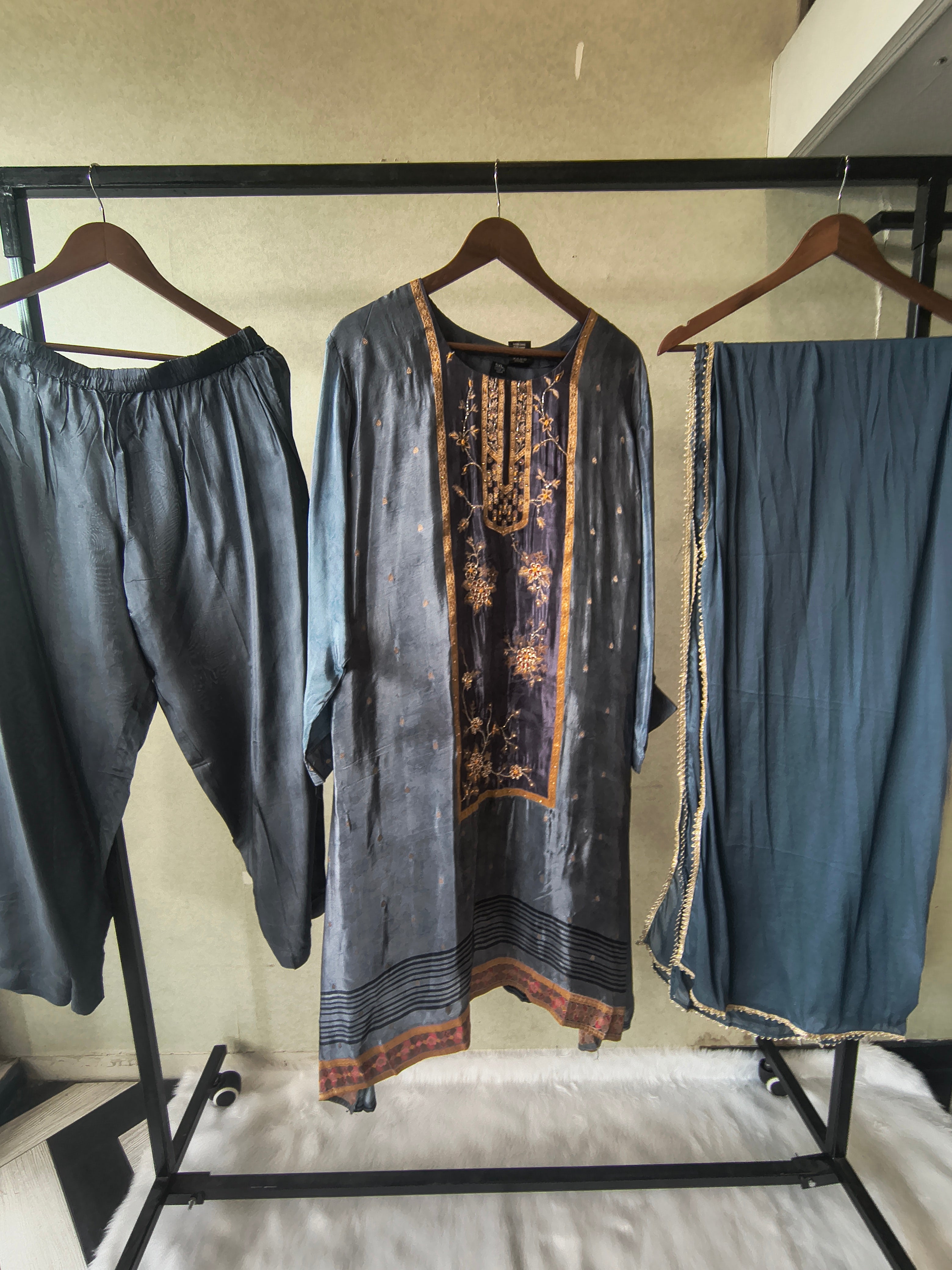 Image of Steel Blue Designer Silk Blend Embroidered Kurta Set with Pants & Dupatta