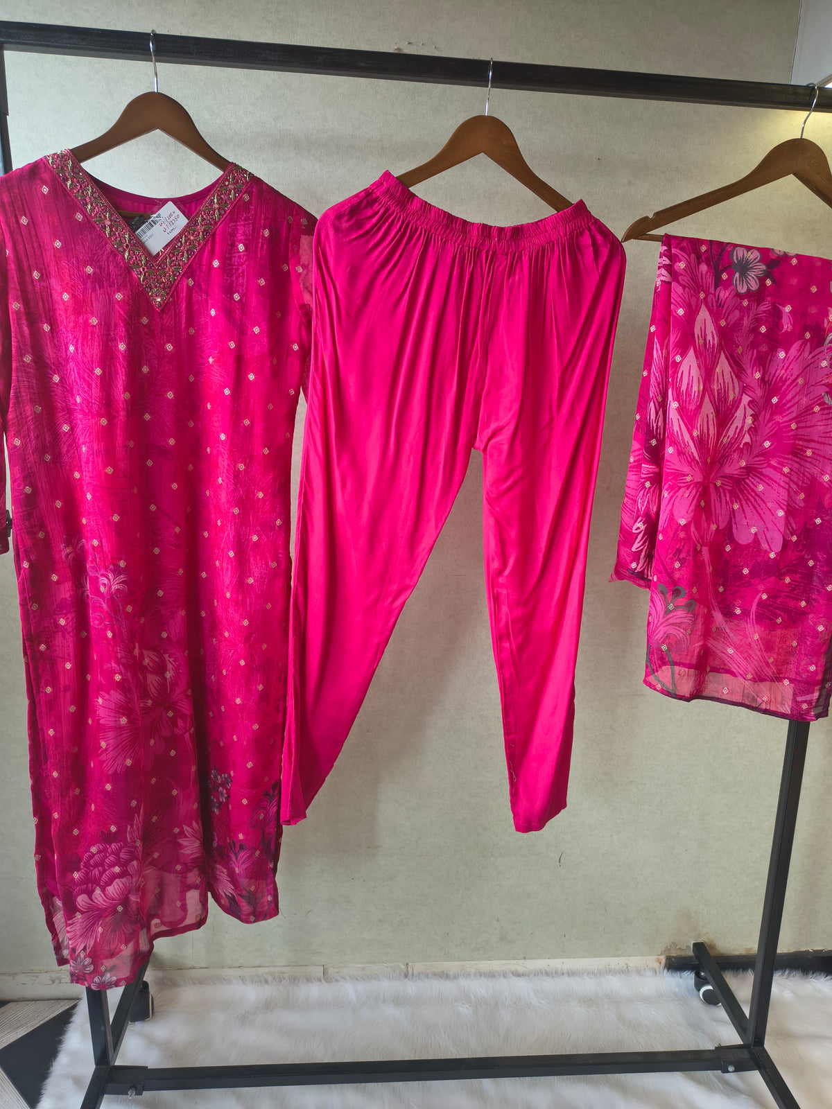 Premium Fuchsia Floral Printed Straight Kurta with Cigarette Pants & Dupatta Set