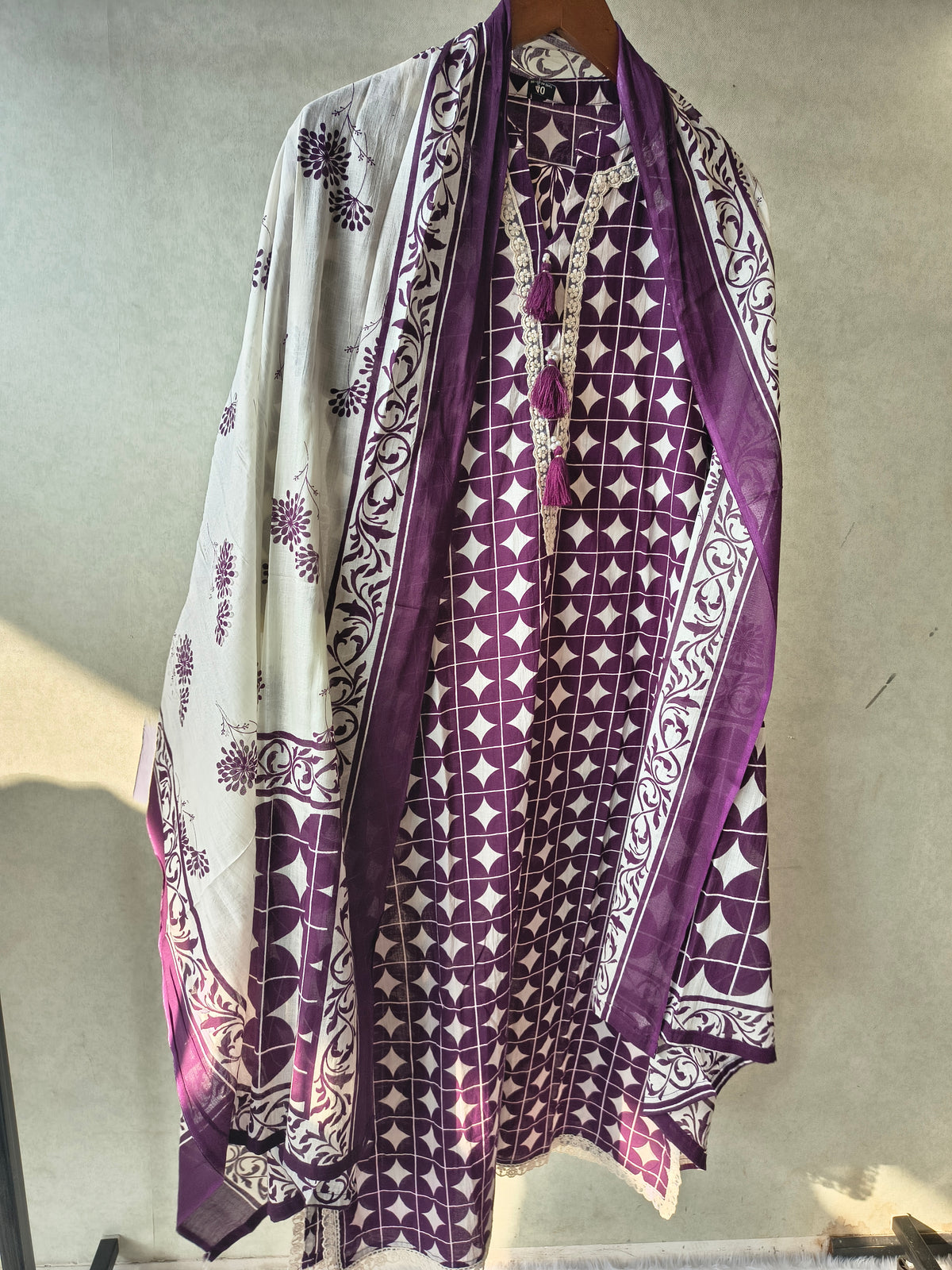 Premium Plum Geometric Printed Cotton Kurta Set with Floral Printed Pants & Dupatta