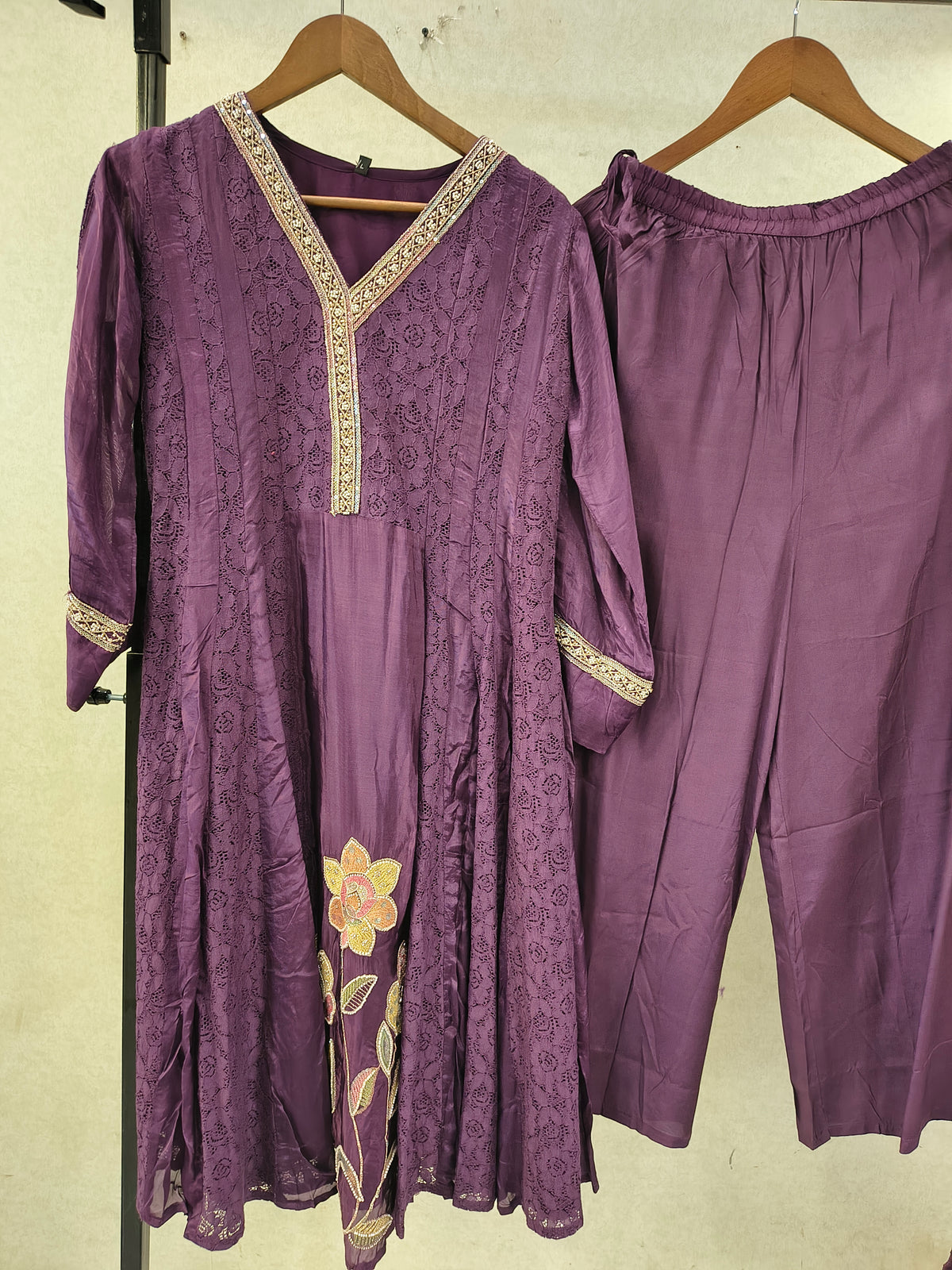 Royal Purple Designer Lace Panel Anarkali Kurta Set with Floral Embroidery & Sheer Dupatta | Premium 3 Piece Festive Ensemble