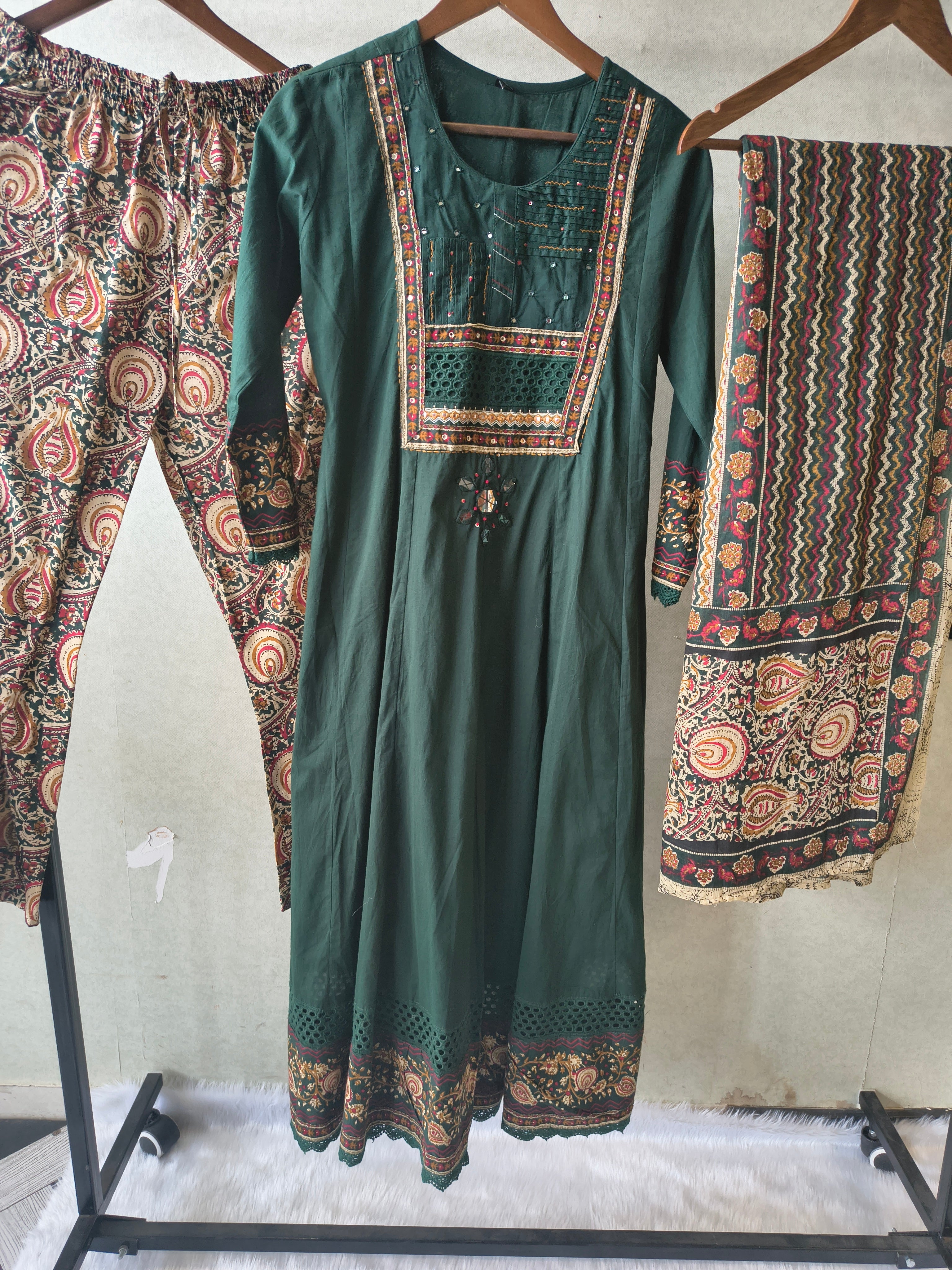 Image of Emerald Green Embroidered Three-Piece Kurta Set with Printed Pant & Designer Dupatta