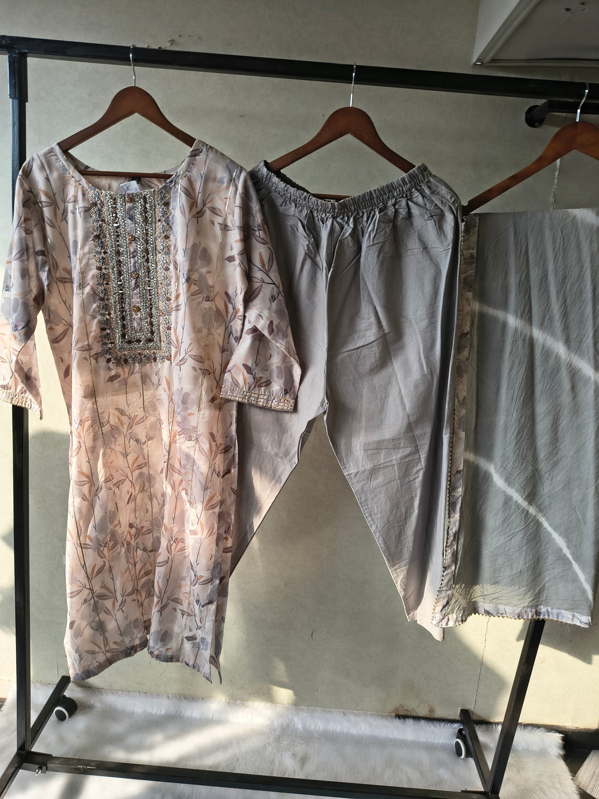 Premium Pastel Floral Printed Kurta Set with Embellished Yoke & Chiffon Dupatta
