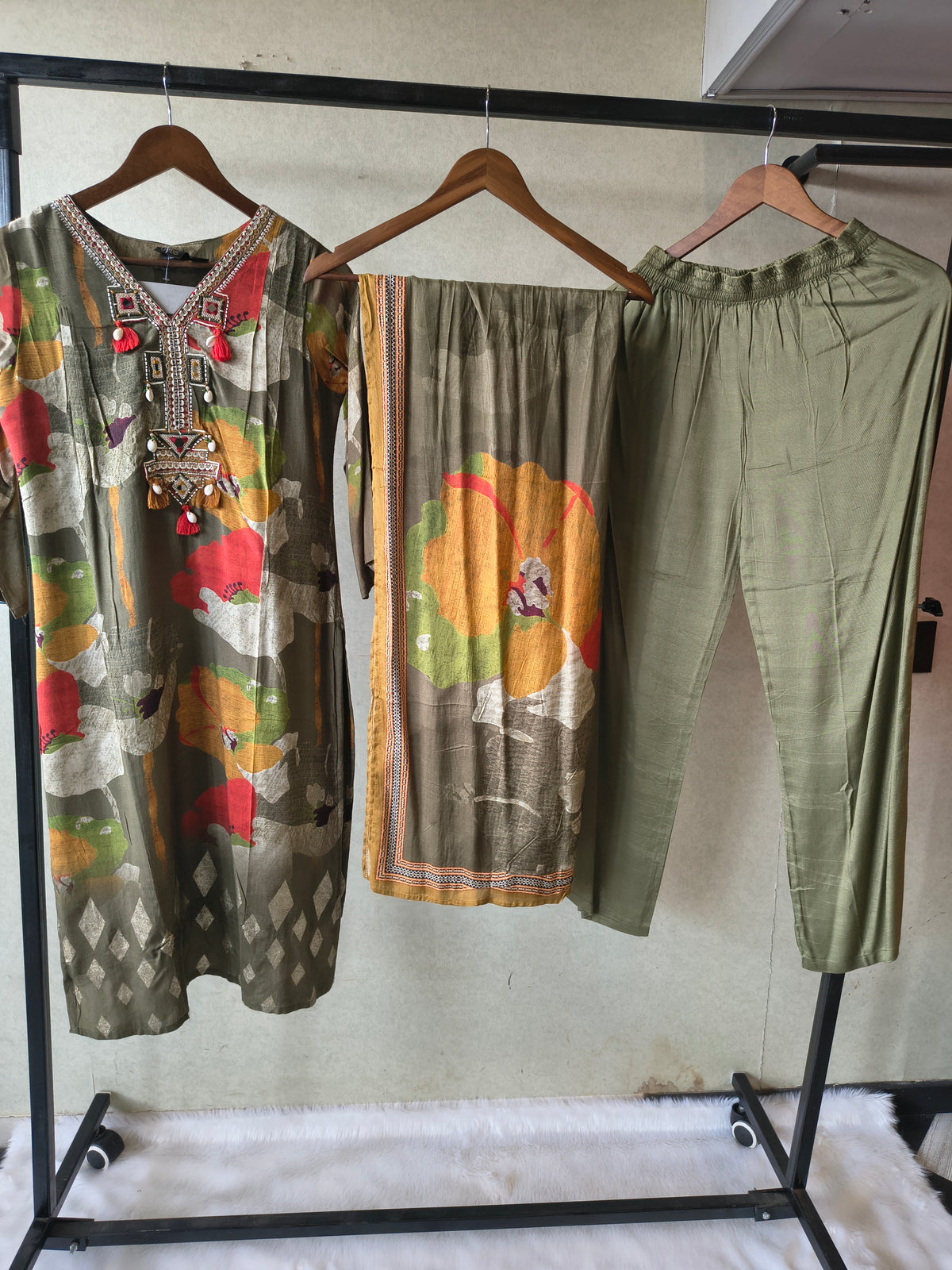 Premium Olive Green Floral Printed Kurta Set with Embellished Neckline, Solid Pants & Printed Dupatta