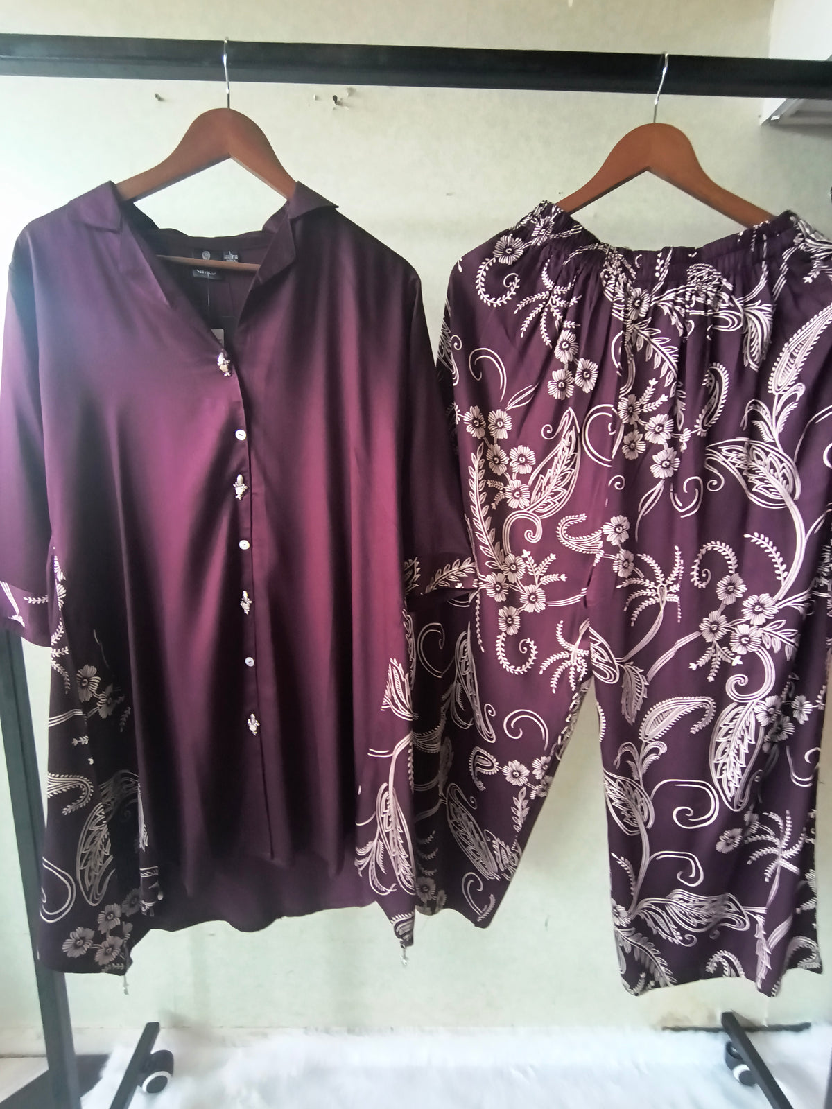 Premium Plum Satin Co-Ord Kurta Set with Printed Straight Pants