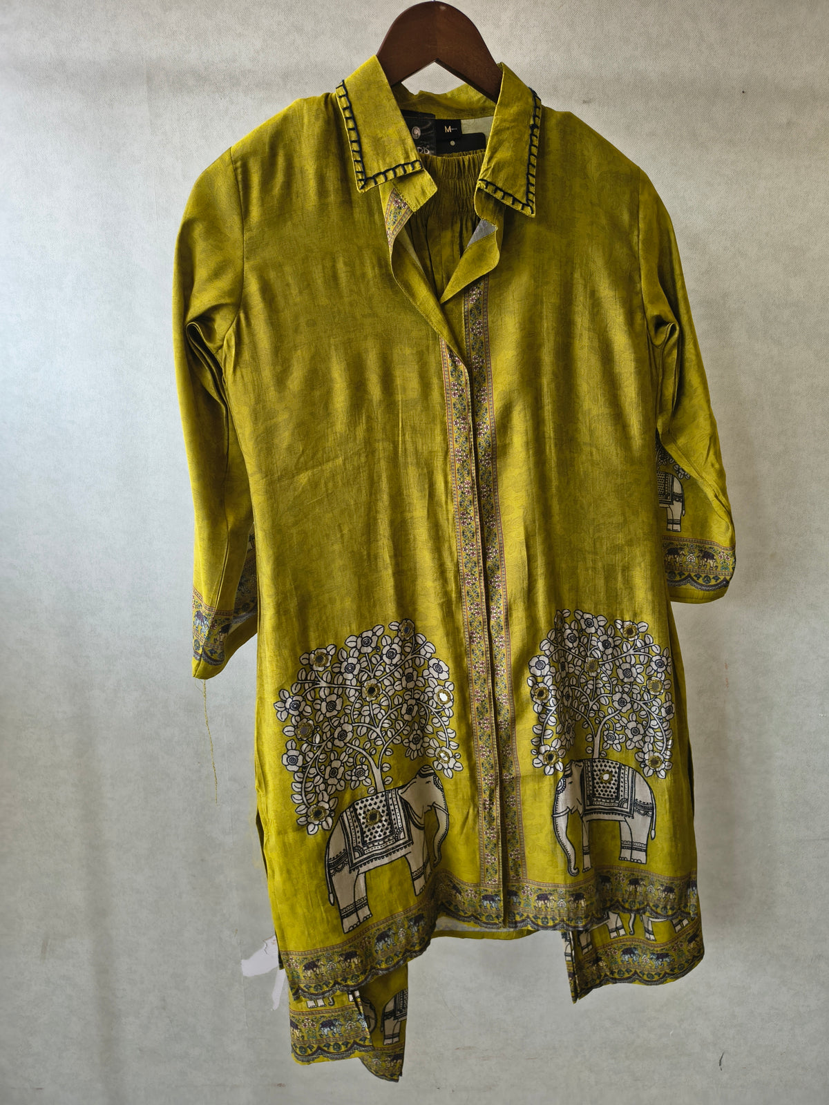 Mustard Yellow Elephant Print Designer Co-Ord Set with Asymmetrical Hem