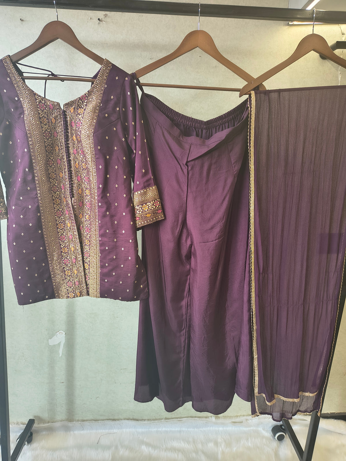 Royal Purple Embroidered Straight Kurta Set with Flared Palazzo & Pleated Dupatta – Designer 3 Piece Festive Ensemble