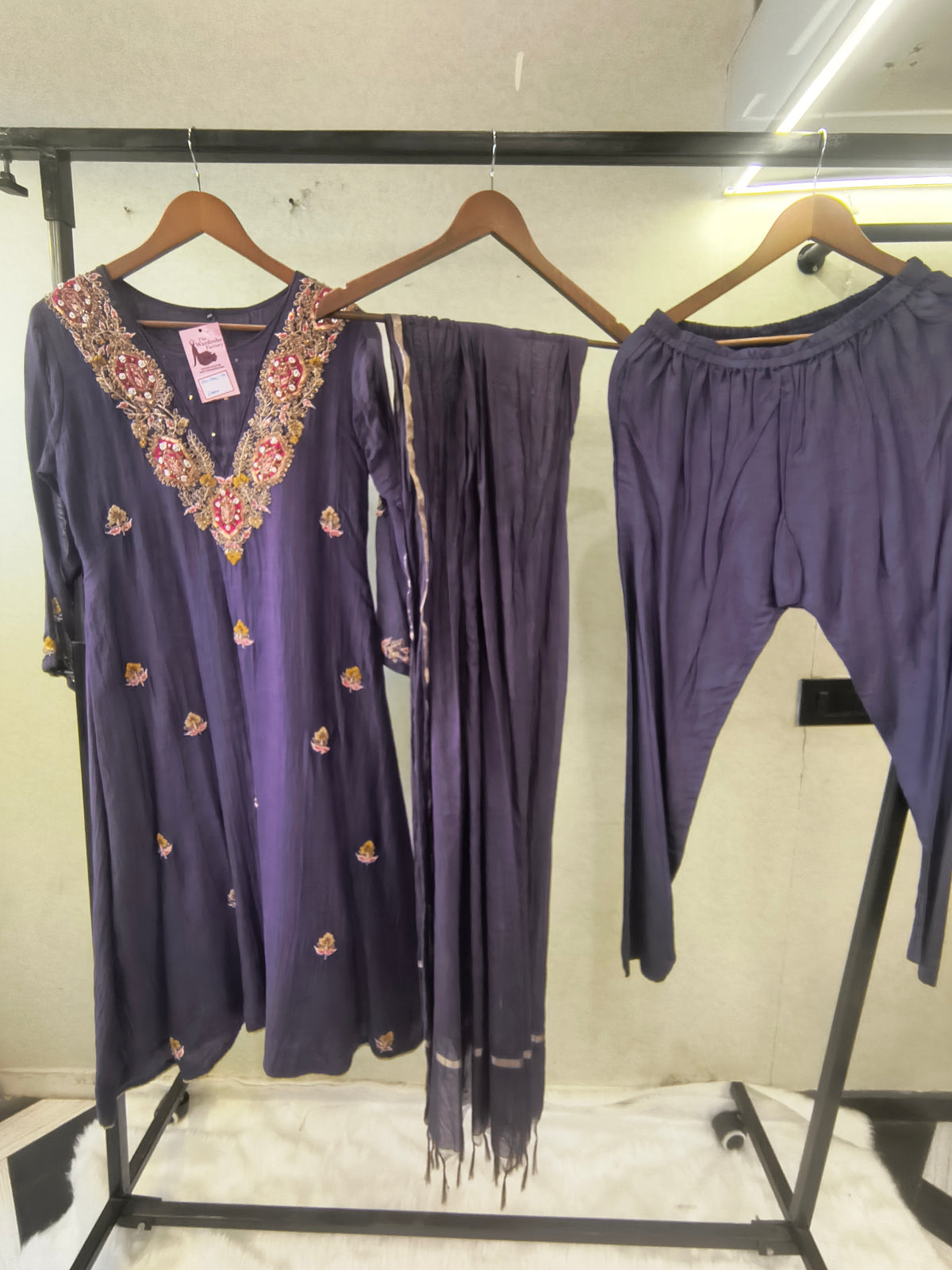 Midnight Navy Hand-Embroidered Straight Kurta Set with Statement Neckline, Churidar Pants & Tassel Dupatta | Premium 3 Piece Festive Ensemble