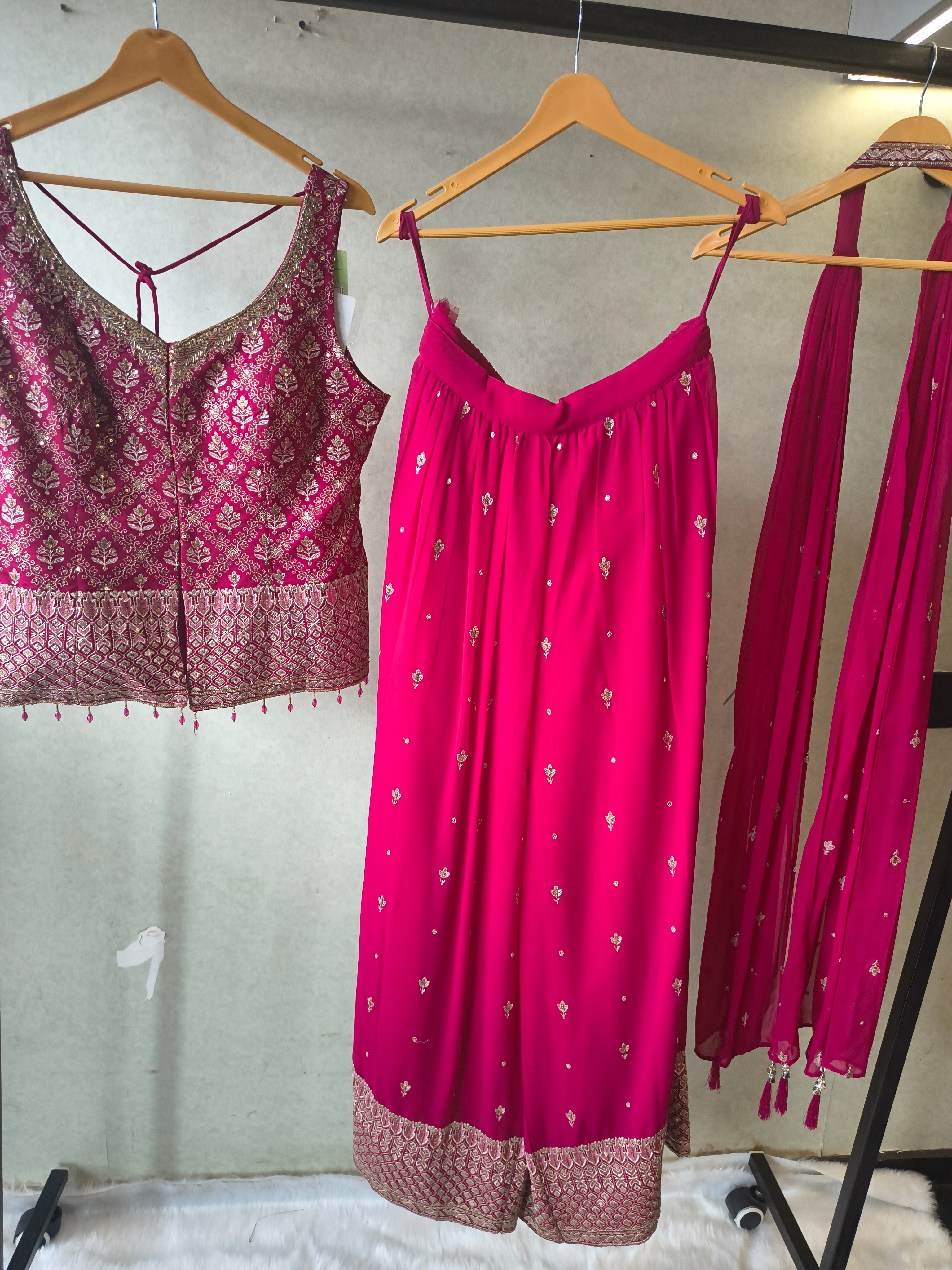 Image of Rani Pink Zari Woven Blouse with Flared Palazzo & Embellished Dupatta – Designer 3 Piece Festive Set