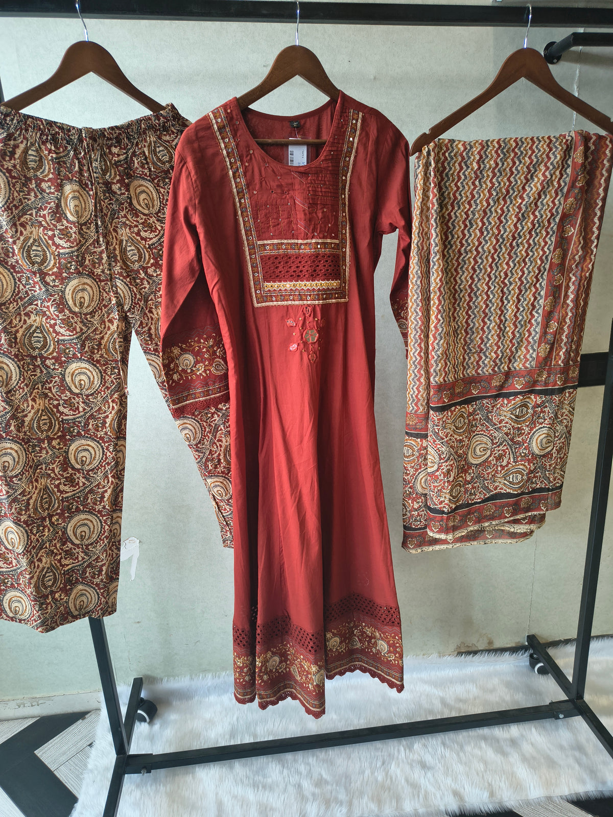 Rust Red Embroidered Three-Piece Kurta Set with Printed Pant & Designer Dupatta