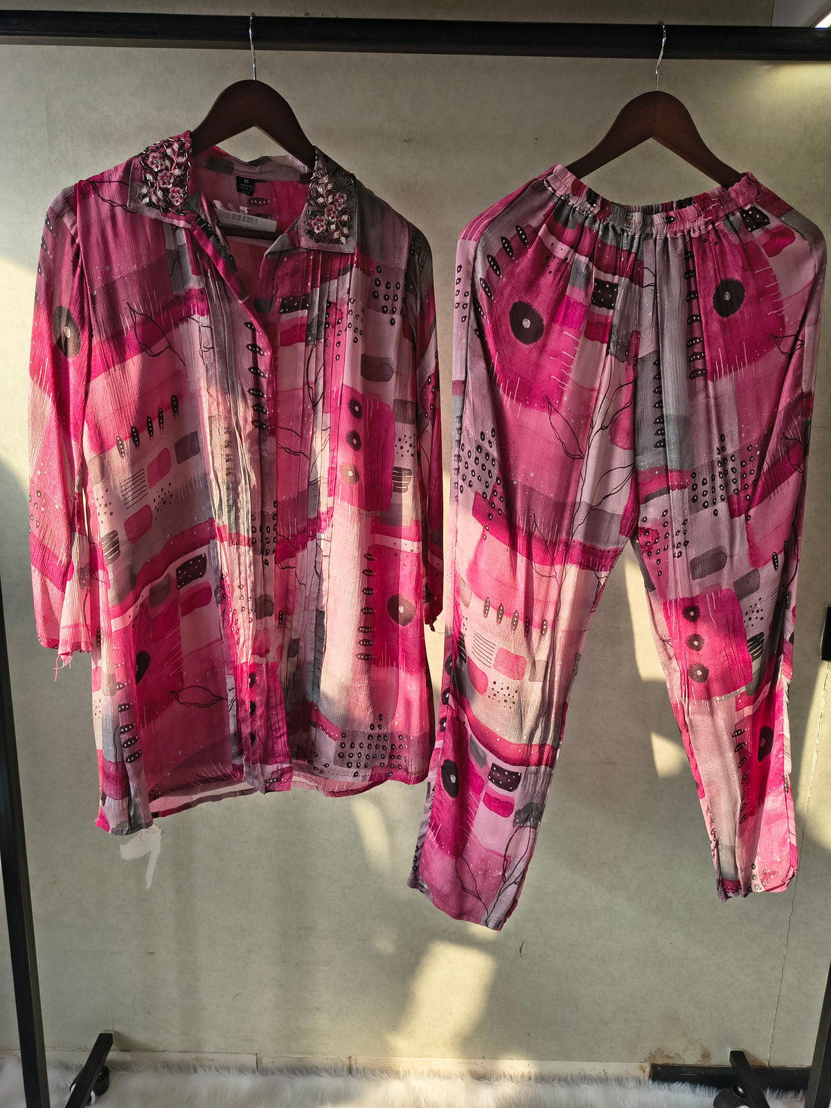 Premium Embellished Abstract Printed Oversized Shirt Co-Ord Set with Tapered Pants