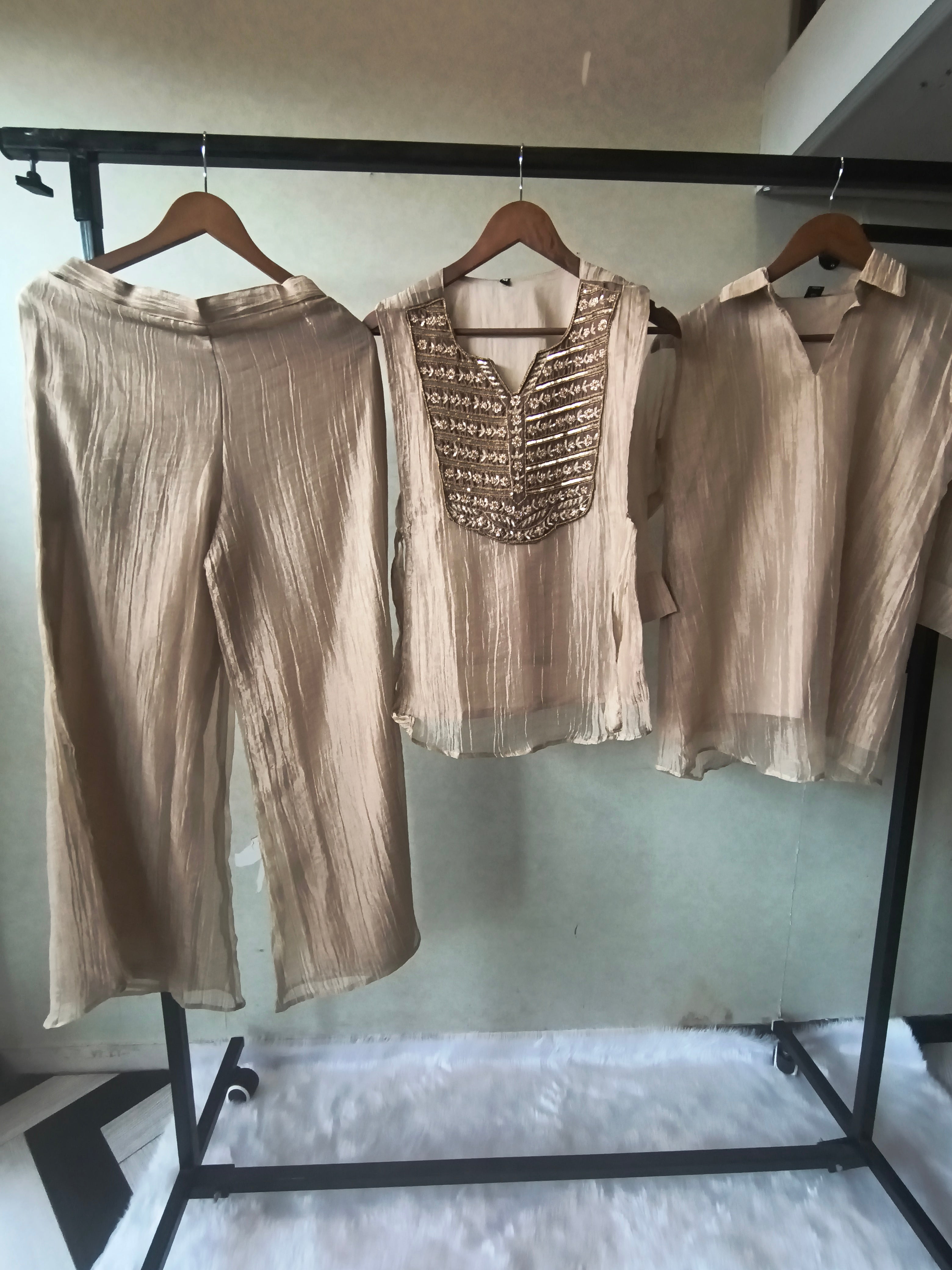 Image of Premium Champagne Gold Tissue Silk 3-Piece Co-Ord Set with Antique Zari Embroidered Jacket, Inner & Palazzo