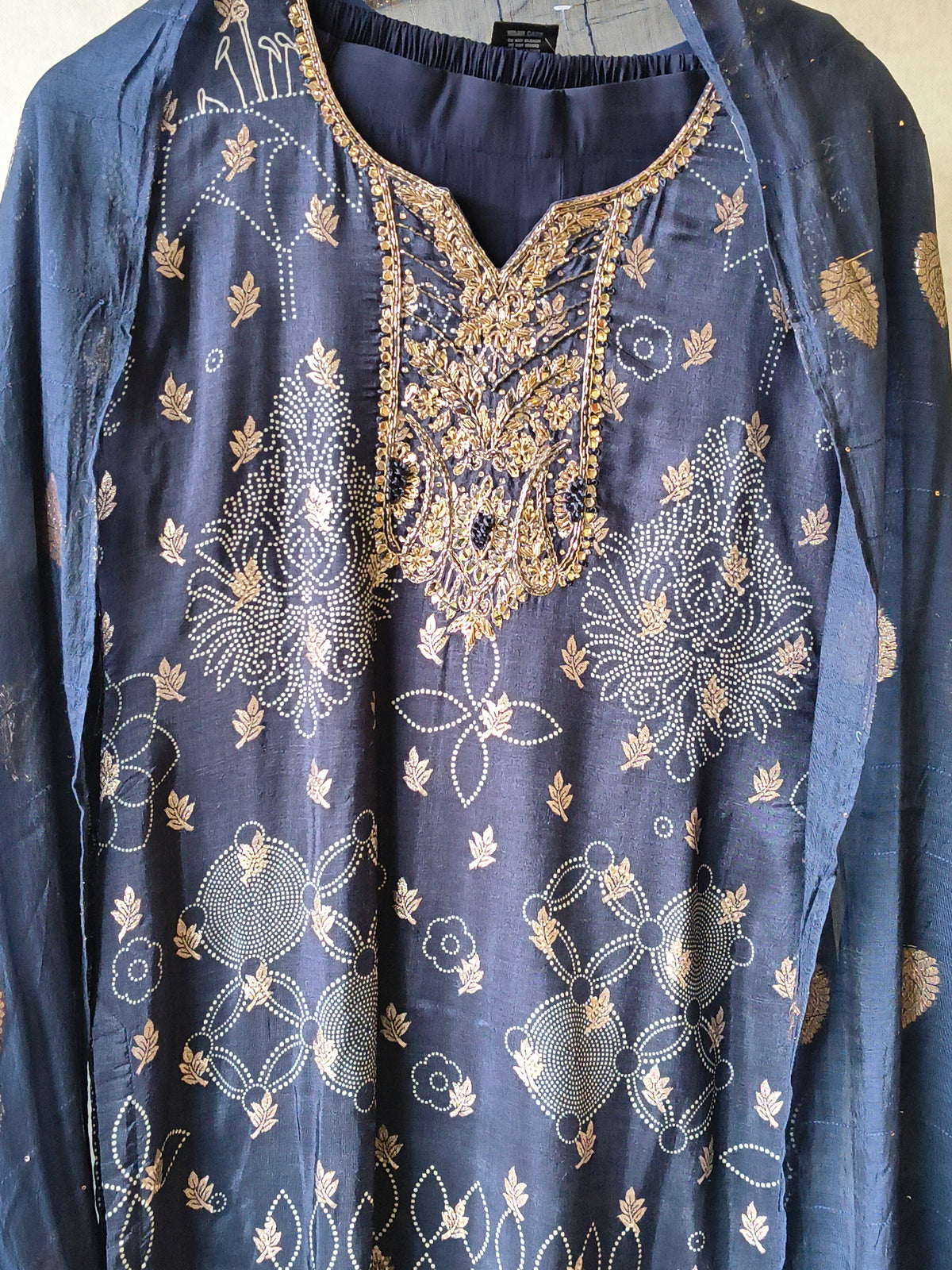 Premium Midnight Blue Zari Printed Kurta Set with Banarasi Dupatta