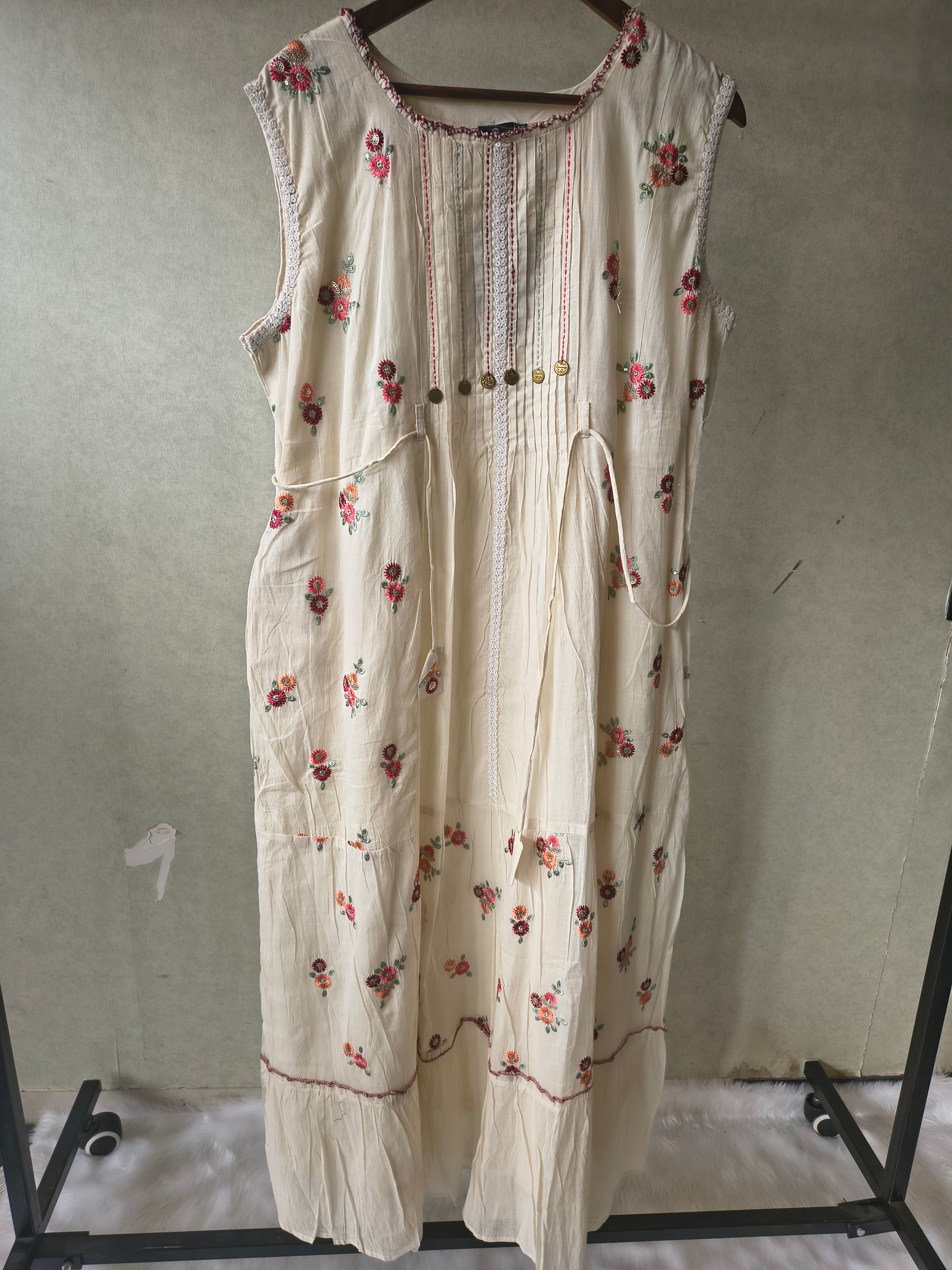 Image of Premium Ivory Floral Embroidered Sleeveless Tiered Maxi Dress with Pintuck Detailing