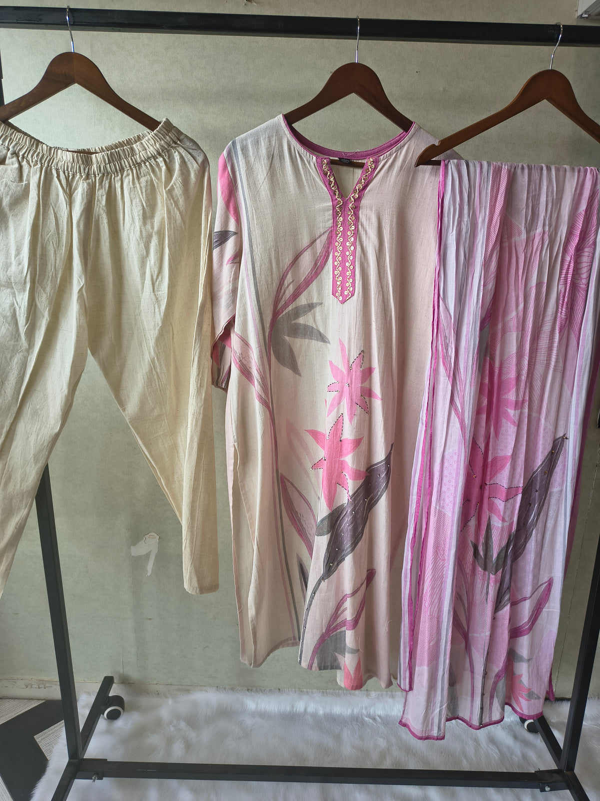 Premium Blush Pink Floral Printed Straight Kurta Set with Churidar Pants & Soft Printed Dupatta