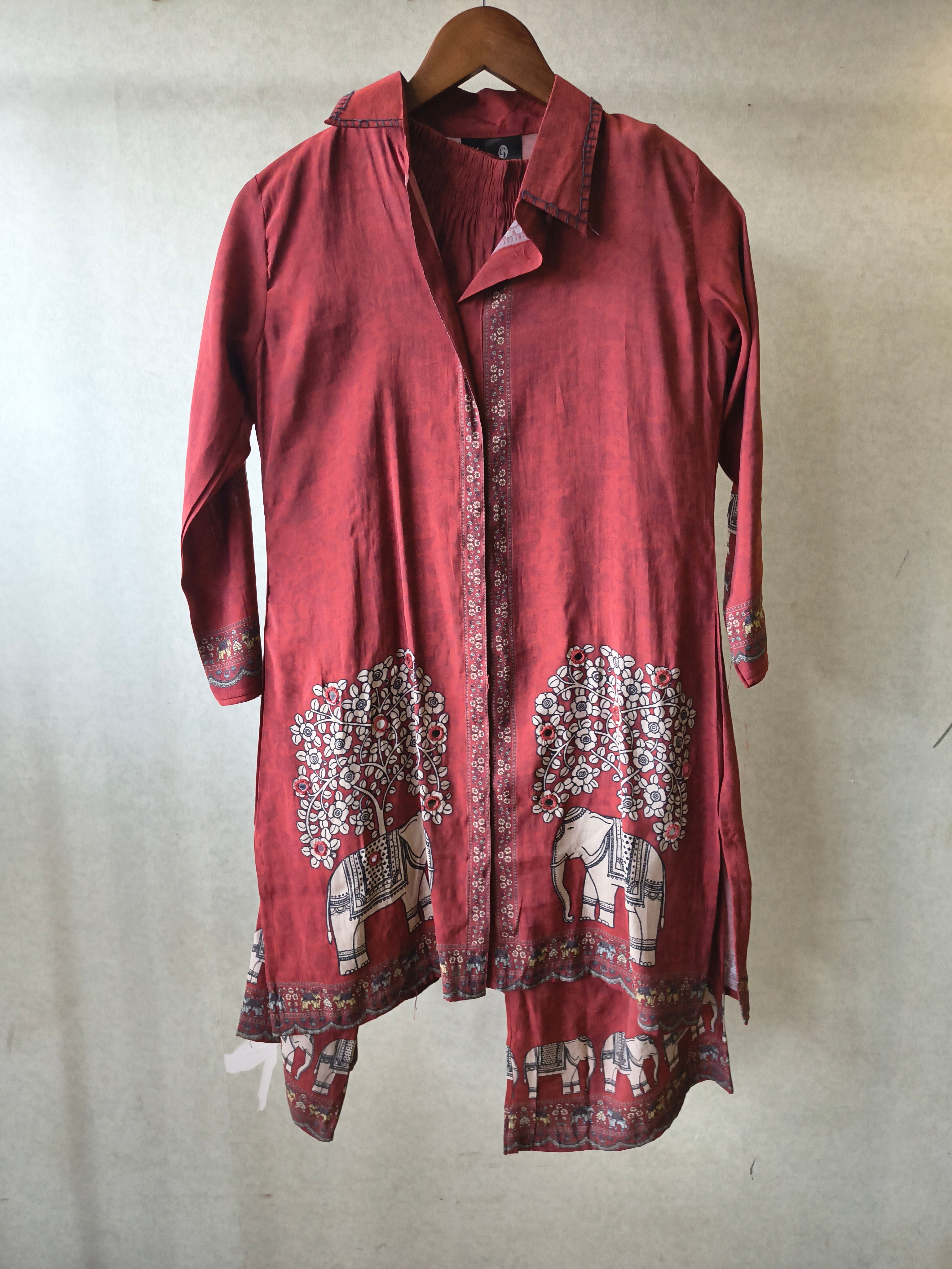 Image of Rust Red Elephant Print Designer Co-Ord Set with Asymmetrical Hem