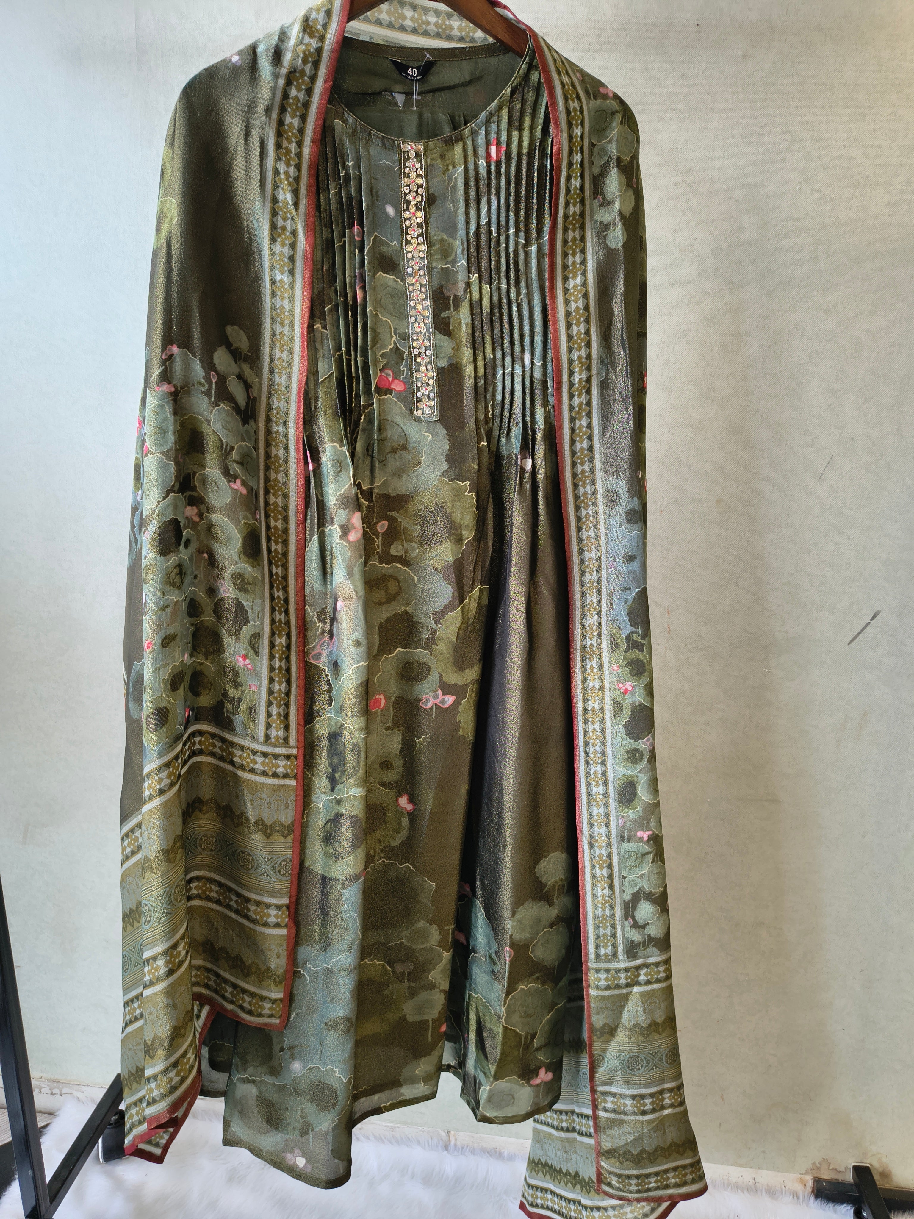 Image of Premium Olive Green Abstract Printed A-Line Kurta Set with Dupatta